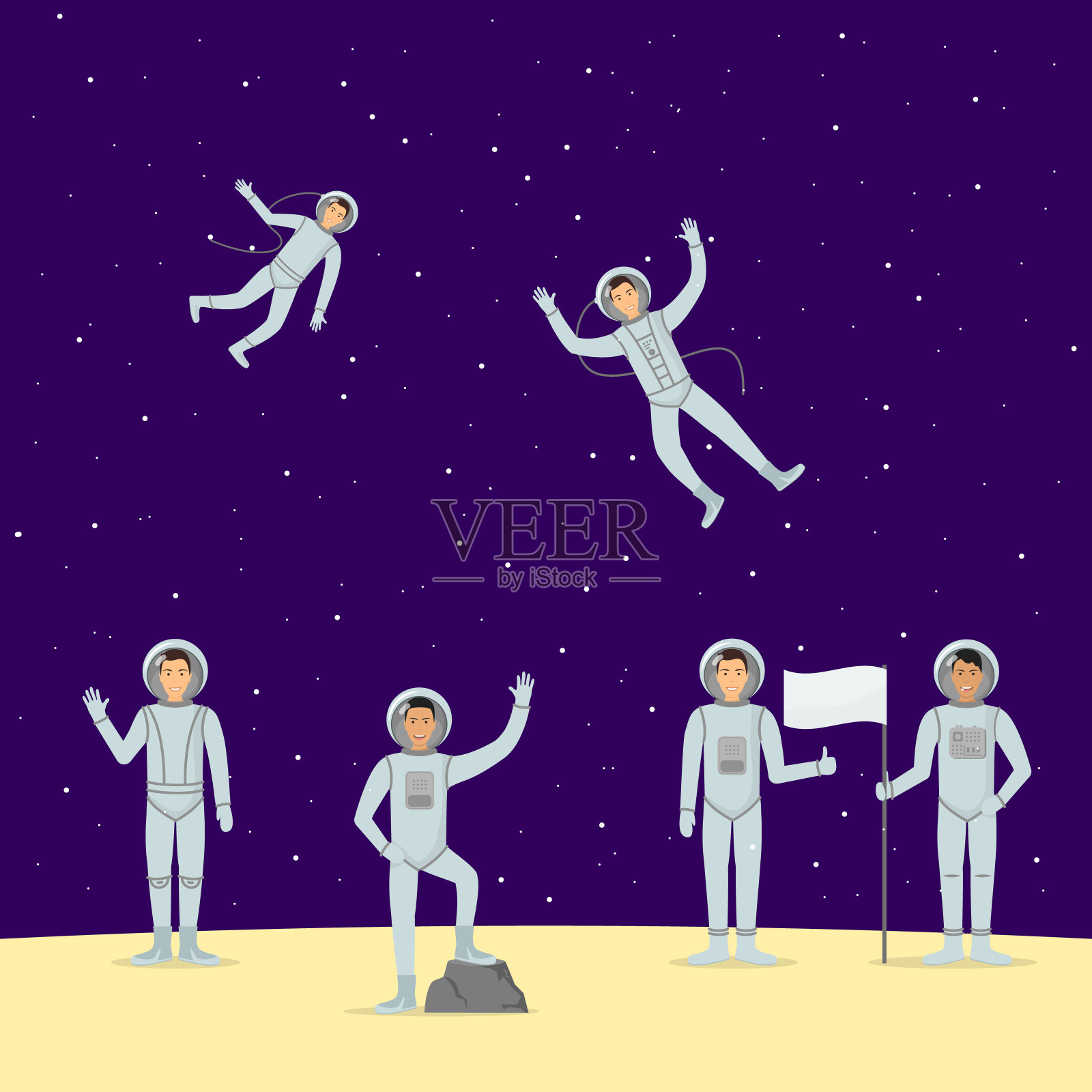 卡通人物宇航员人在不同的姿势设置。向量插画图片素材