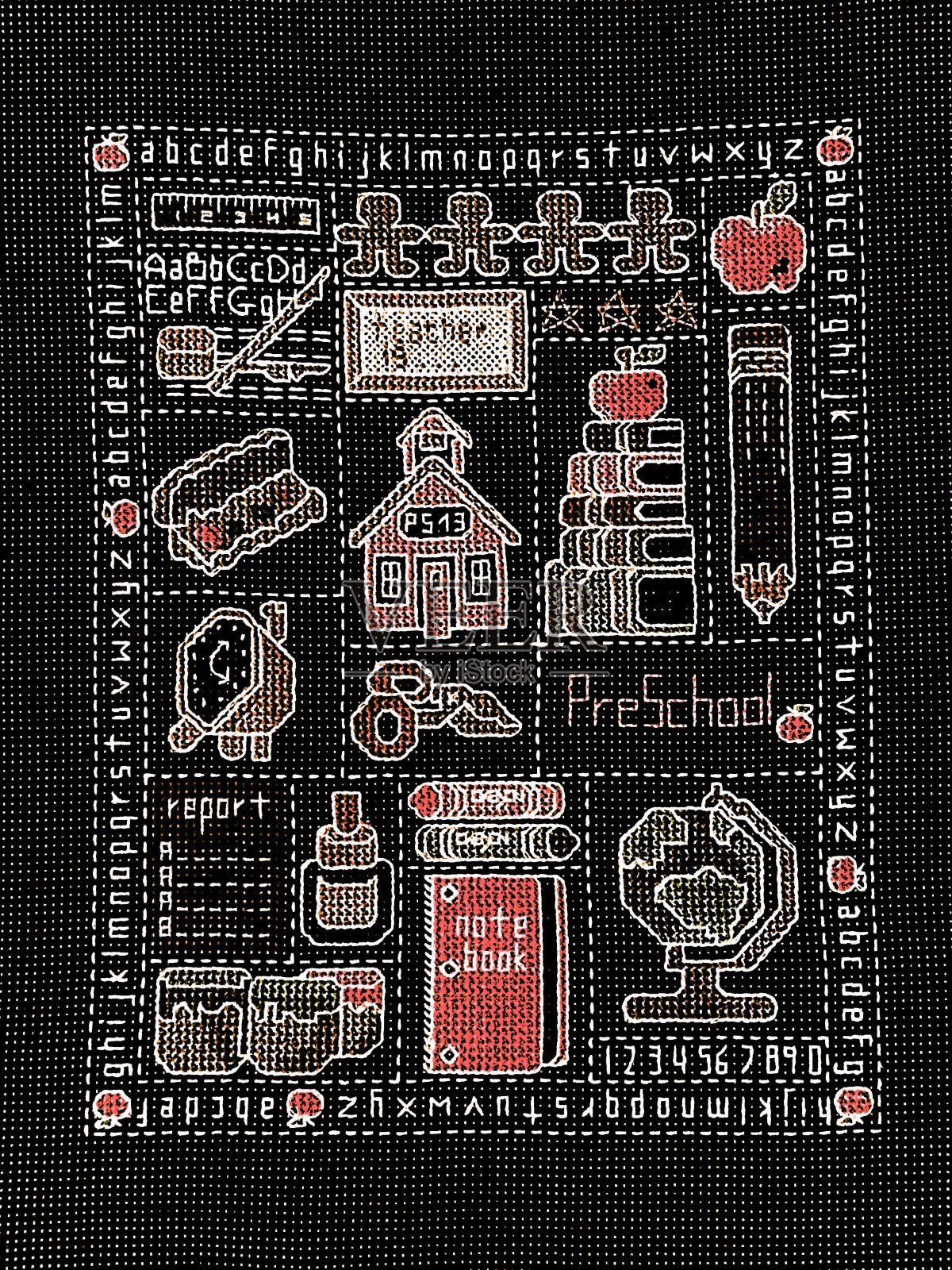 复古老师和传统学校符号十字绣素描插图插画图片素材