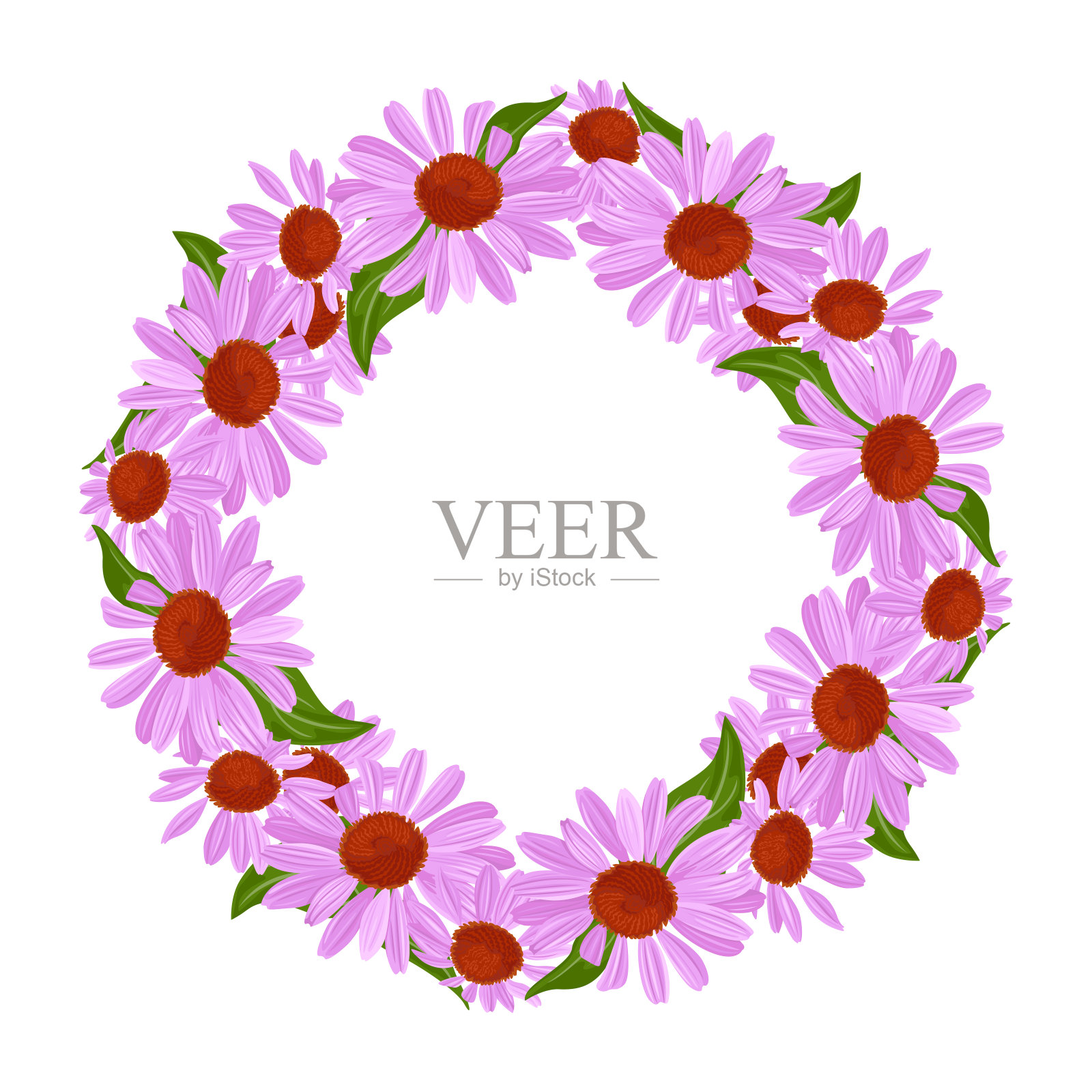 孤立的紫锥菊花圈在白色背景上。圆形框架，边框紫色卡通花。矢量插图的花花环在简单的平面风格。插画图片素材