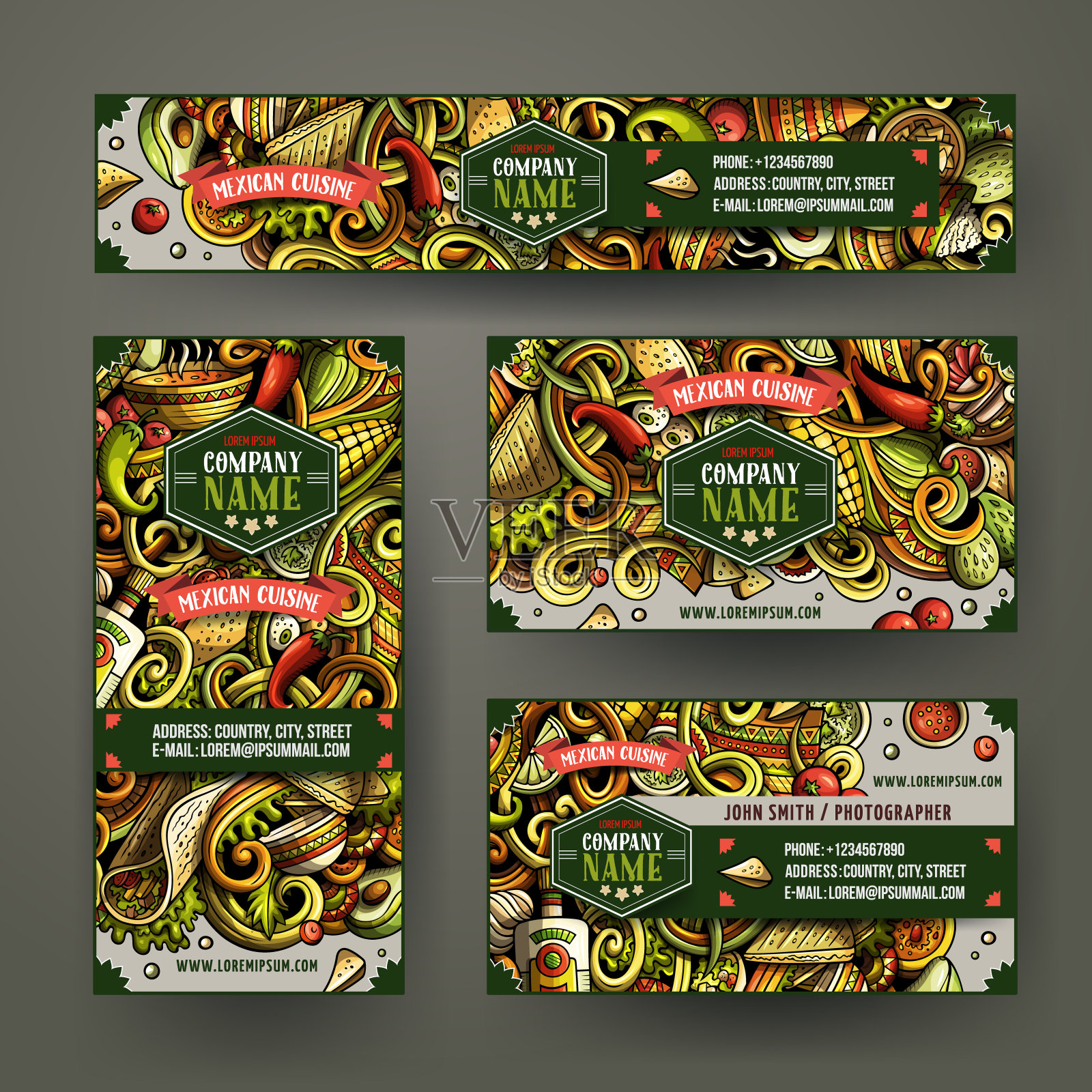 企业身份矢量模板集设计与涂鸦手绘墨西哥美食主题插画图片素材