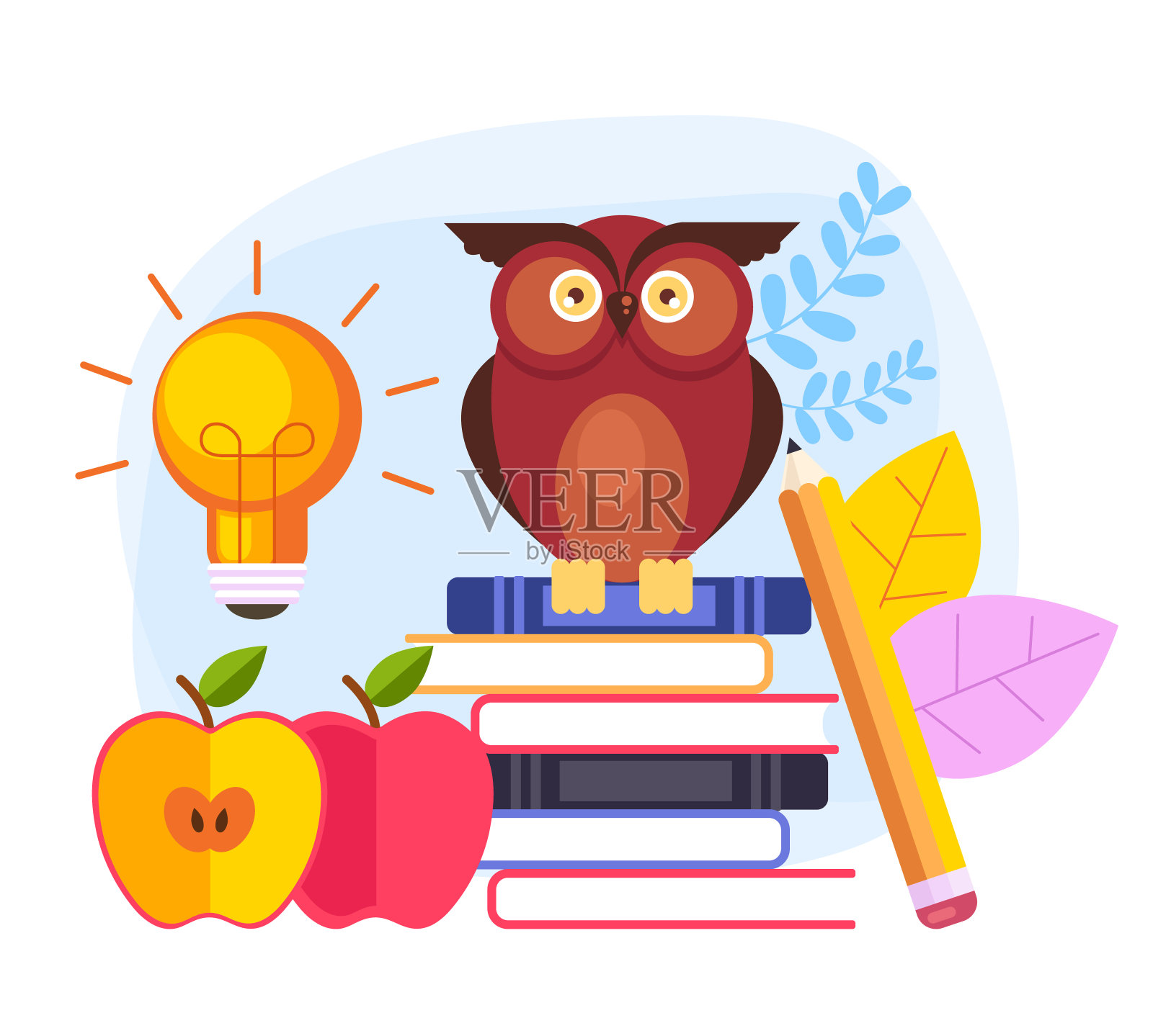 猫头鹰角色坐在一堆书上。教育的概念。矢量平面设计插图插画图片素材