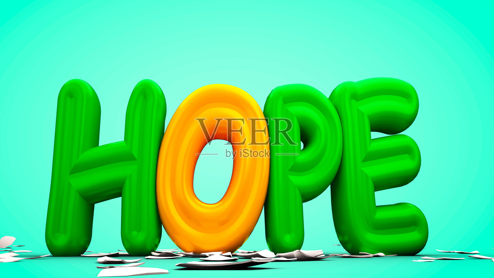 静止的鸡蛋分裂孵出希望字，3D渲染。照片摄影图片