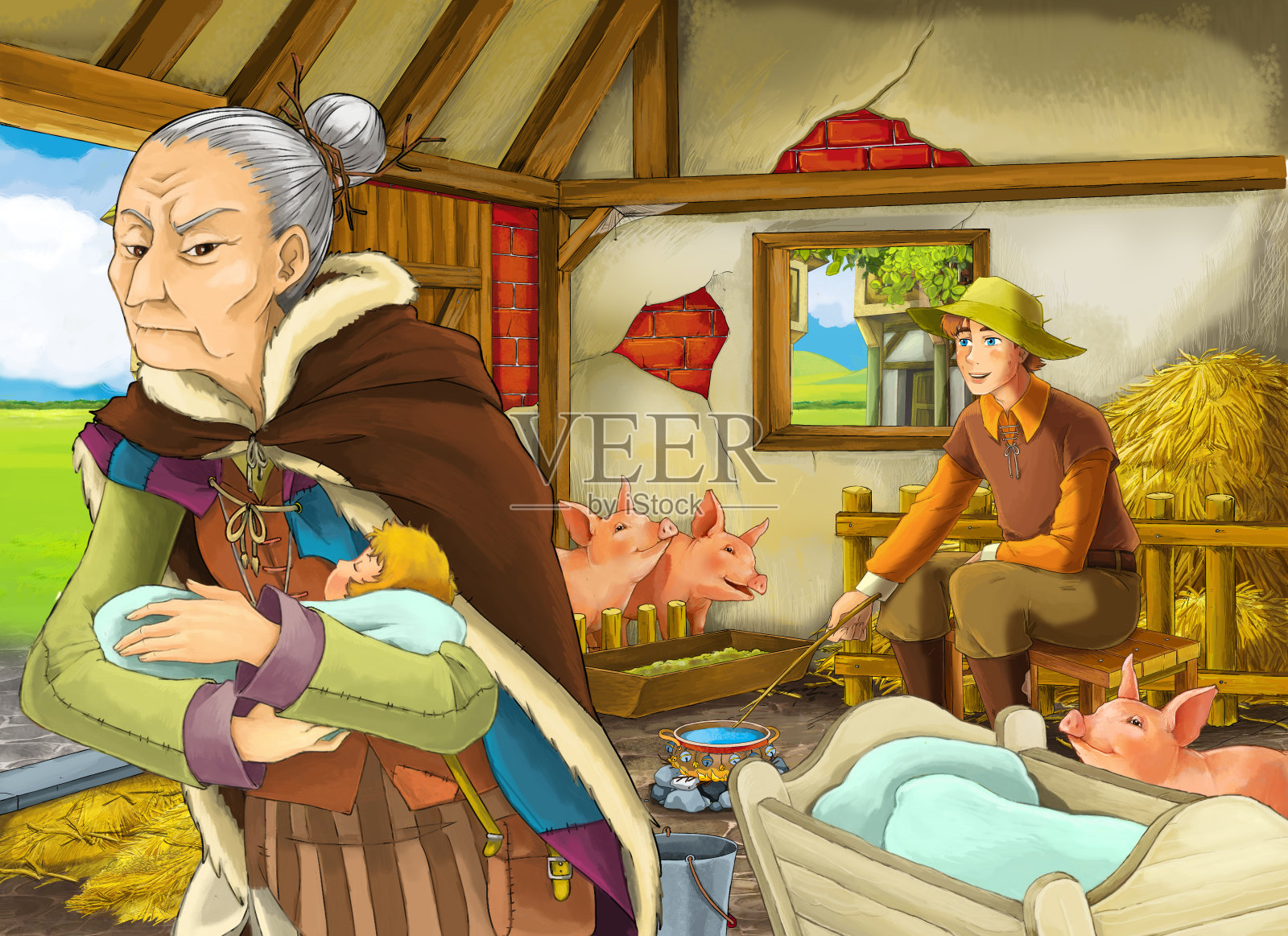 卡通场景：老女巫和农场主在猪圈里插画图片素材