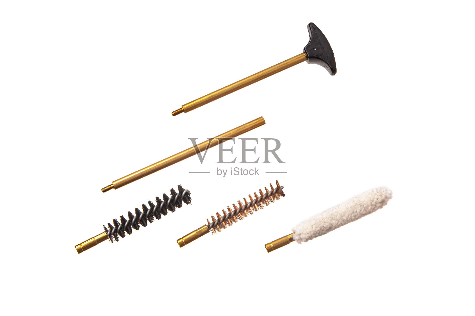武器清洁工具隔离在白色背景上。武器护理工具。清洗枪用推杆。照片摄影图片