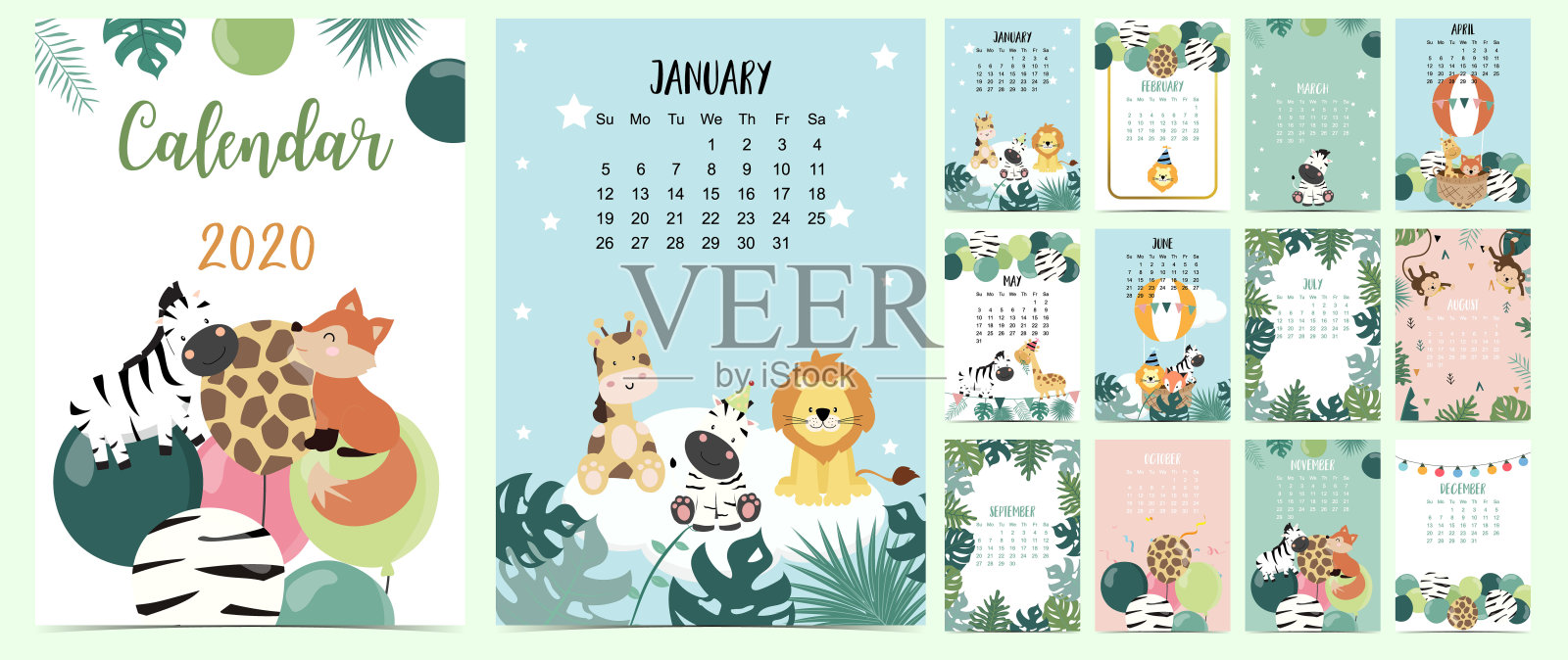 动物日历设置2020黄金几何，狩猎，动物，儿童树叶。可用于印刷图形。可编辑元素设计模板素材