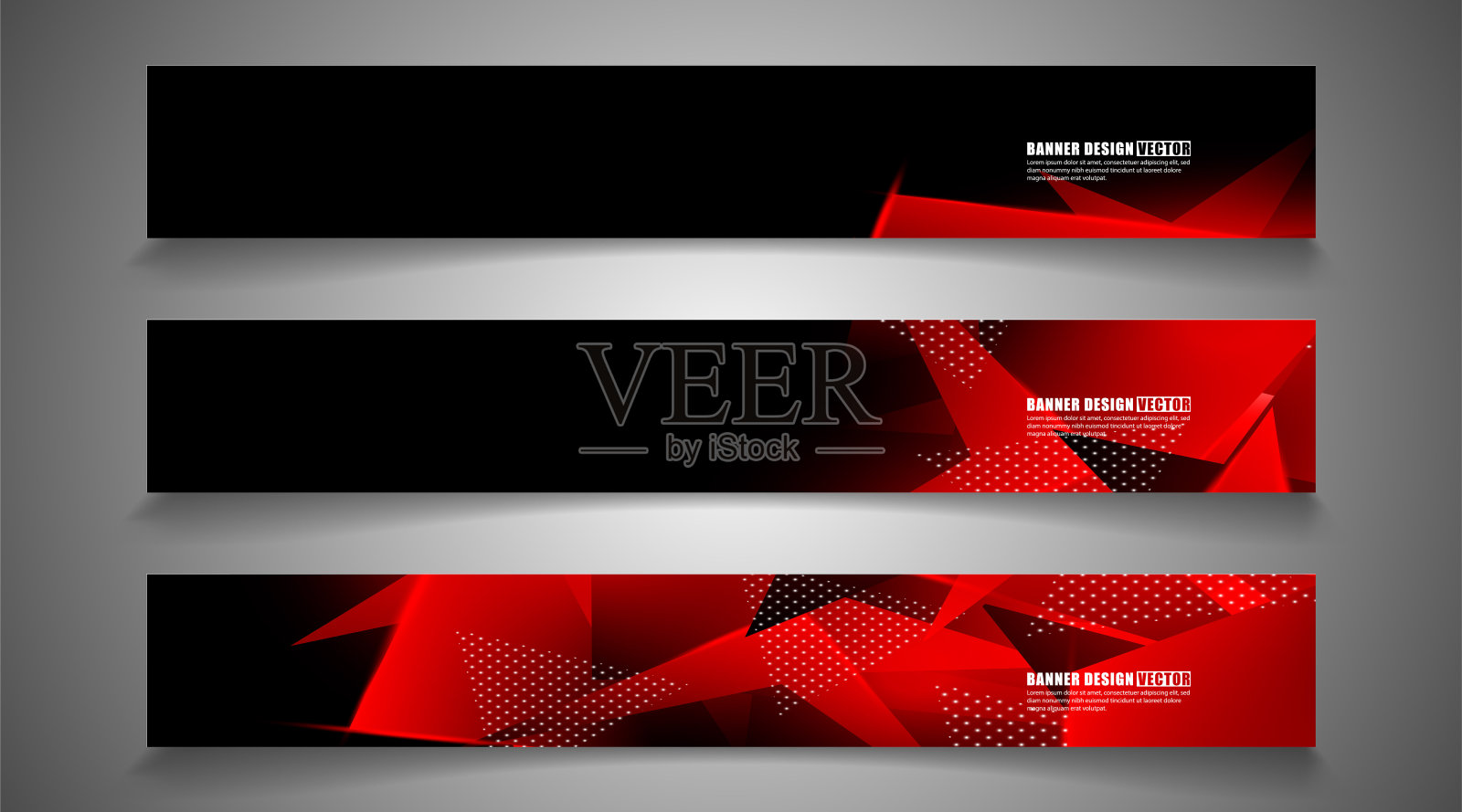 设置三角形背景灯标题横幅。三维三角形的抽象构成。现代几何红色背景隔离黑色插画图片素材