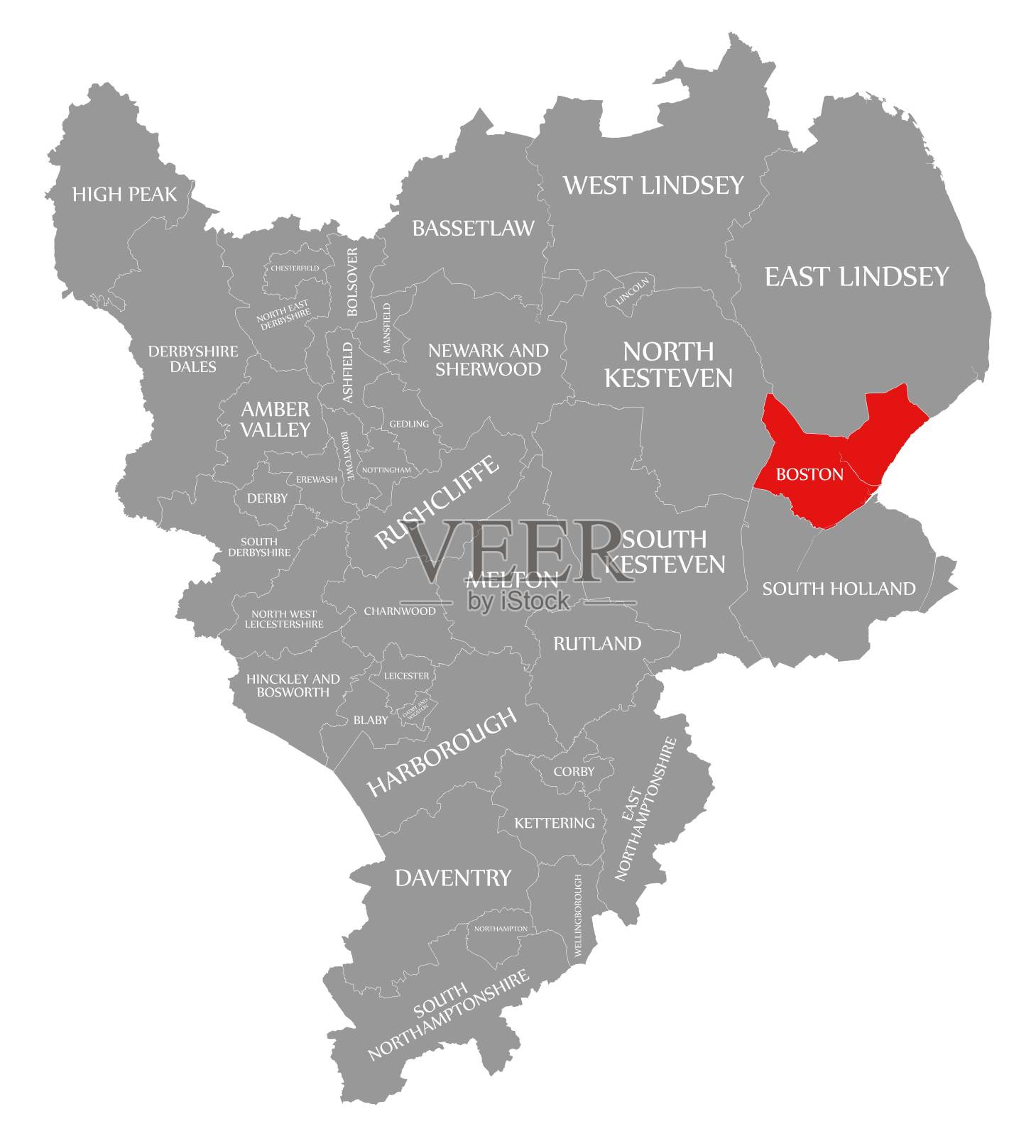 波士顿在英国英格兰东部的地图上用红色标出插画图片素材