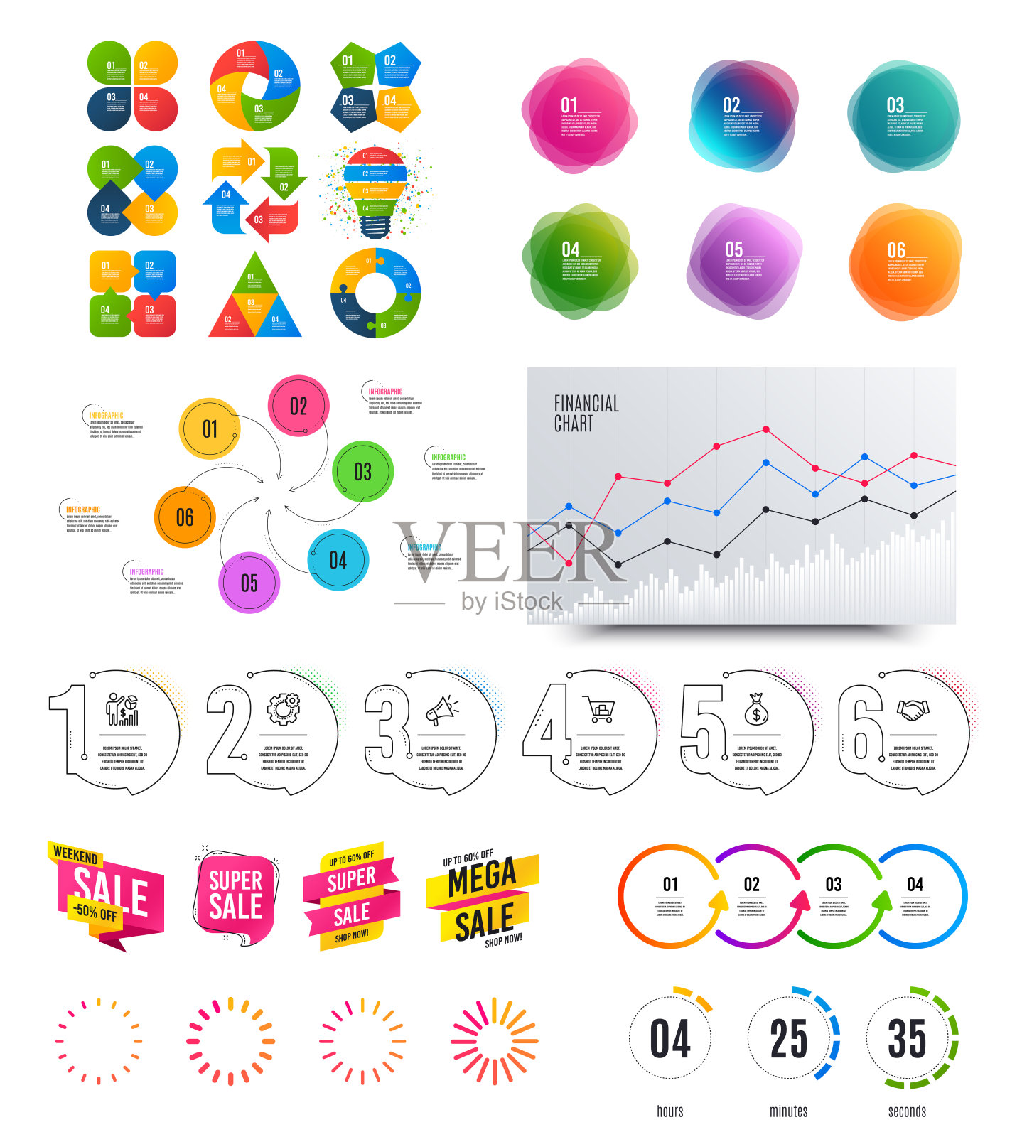 信息图表元素。财务图表，选项横幅徽章。出售形状,倒计时。分析图表,时间表。向量图标素材