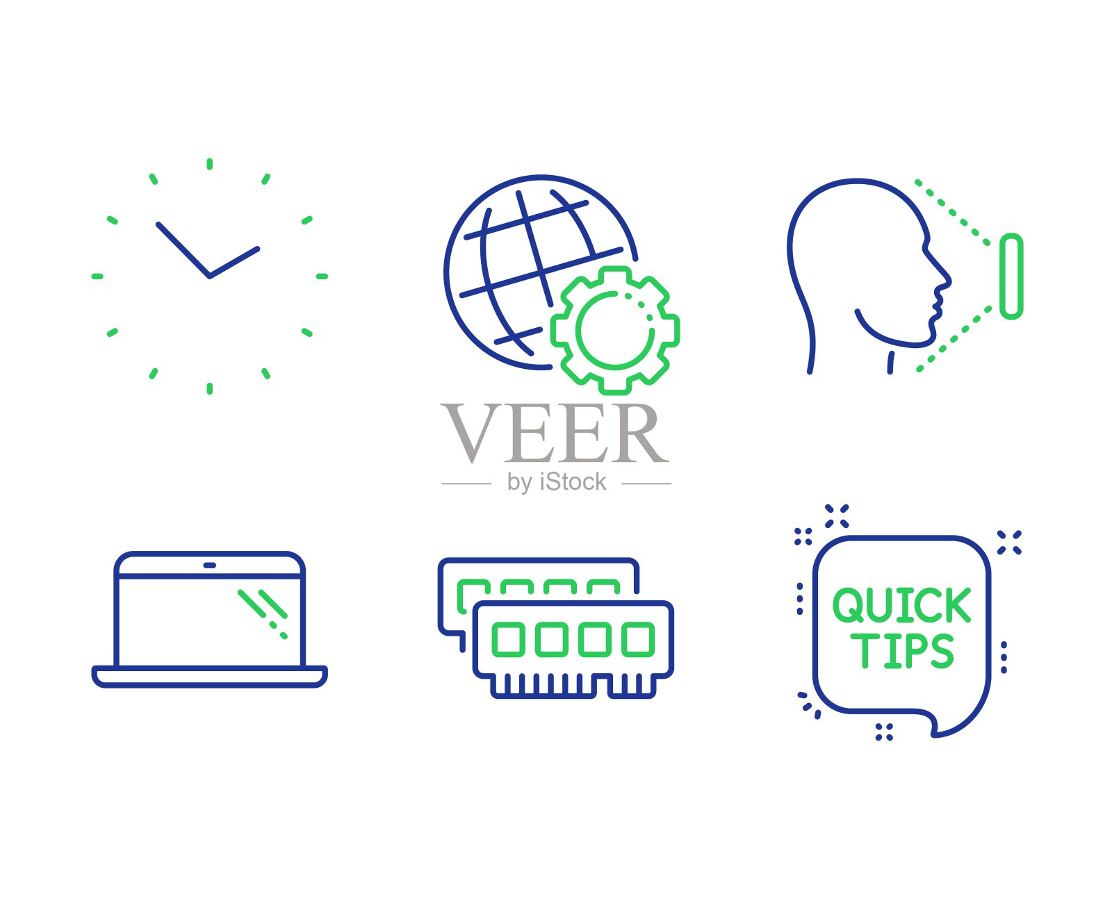 内存，笔记本电脑和时间图标设置。地球仪，面部识别和快速提示标志。随机存取存储器，计算机，时钟。向量图标素材