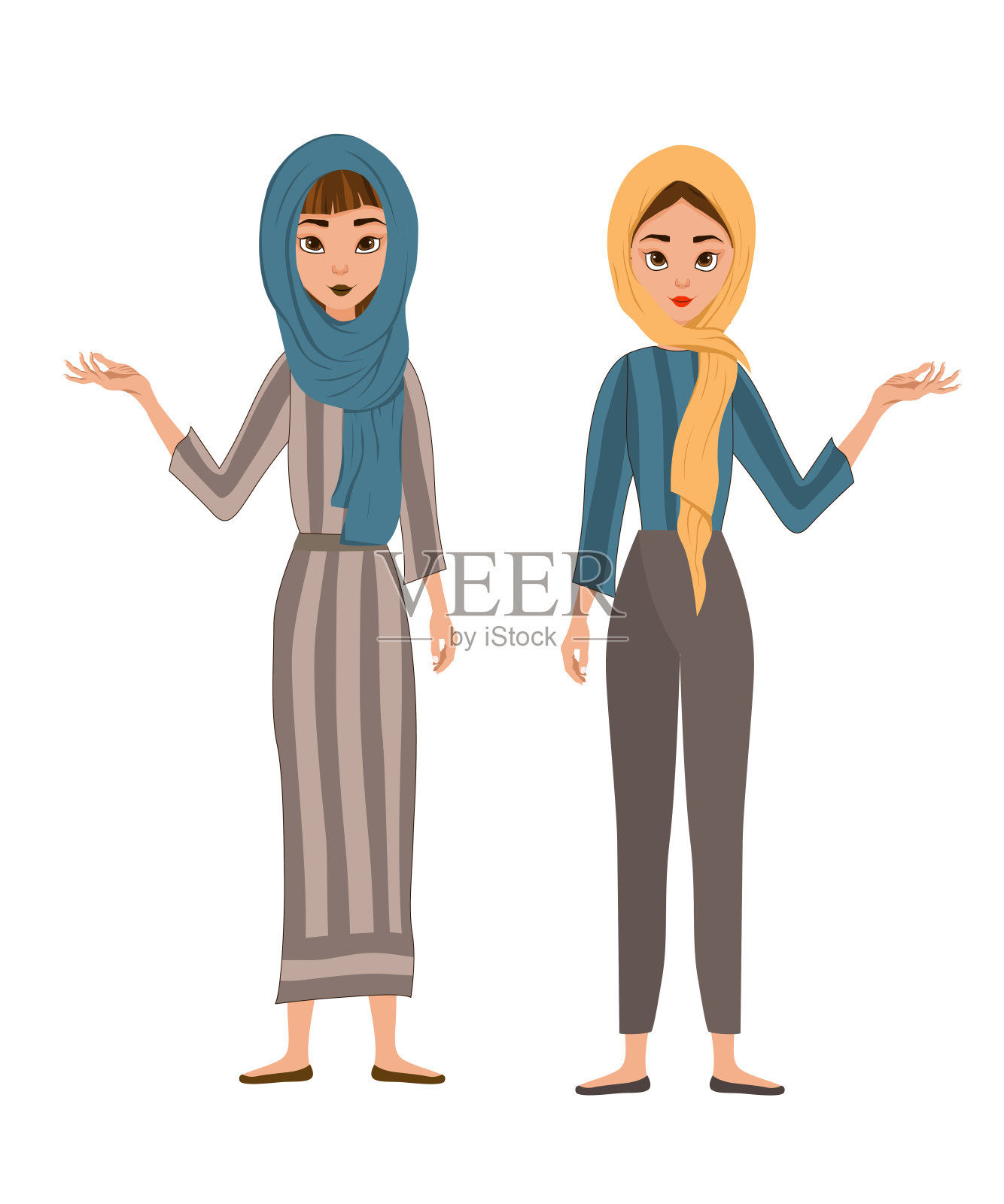 一组女性角色。女孩用右手指着旁边。矢量插图。设计元素图片