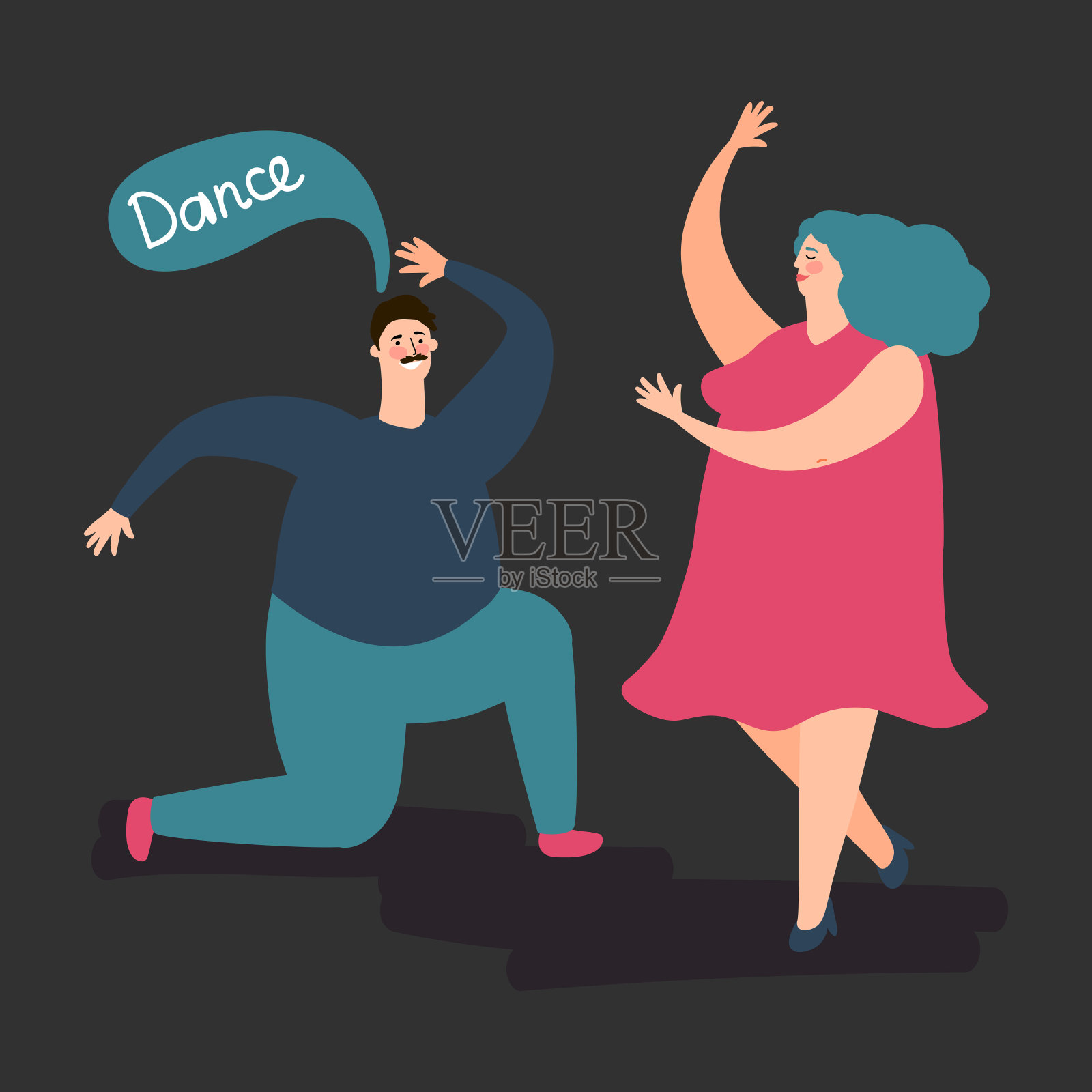 快乐丰满的女人和跳舞的男人向量。可爱的胖跳舞夫妇插图插画图片素材