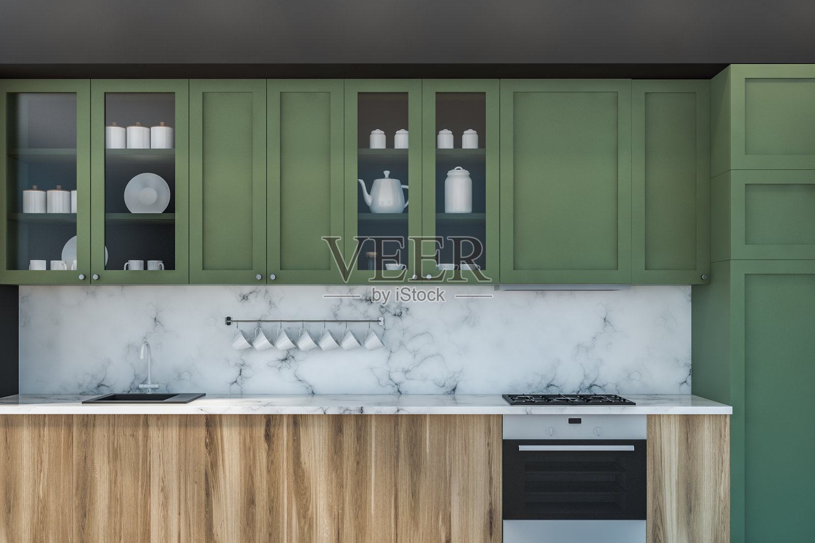 绿色和灰色的厨房，木制台面照片摄影图片