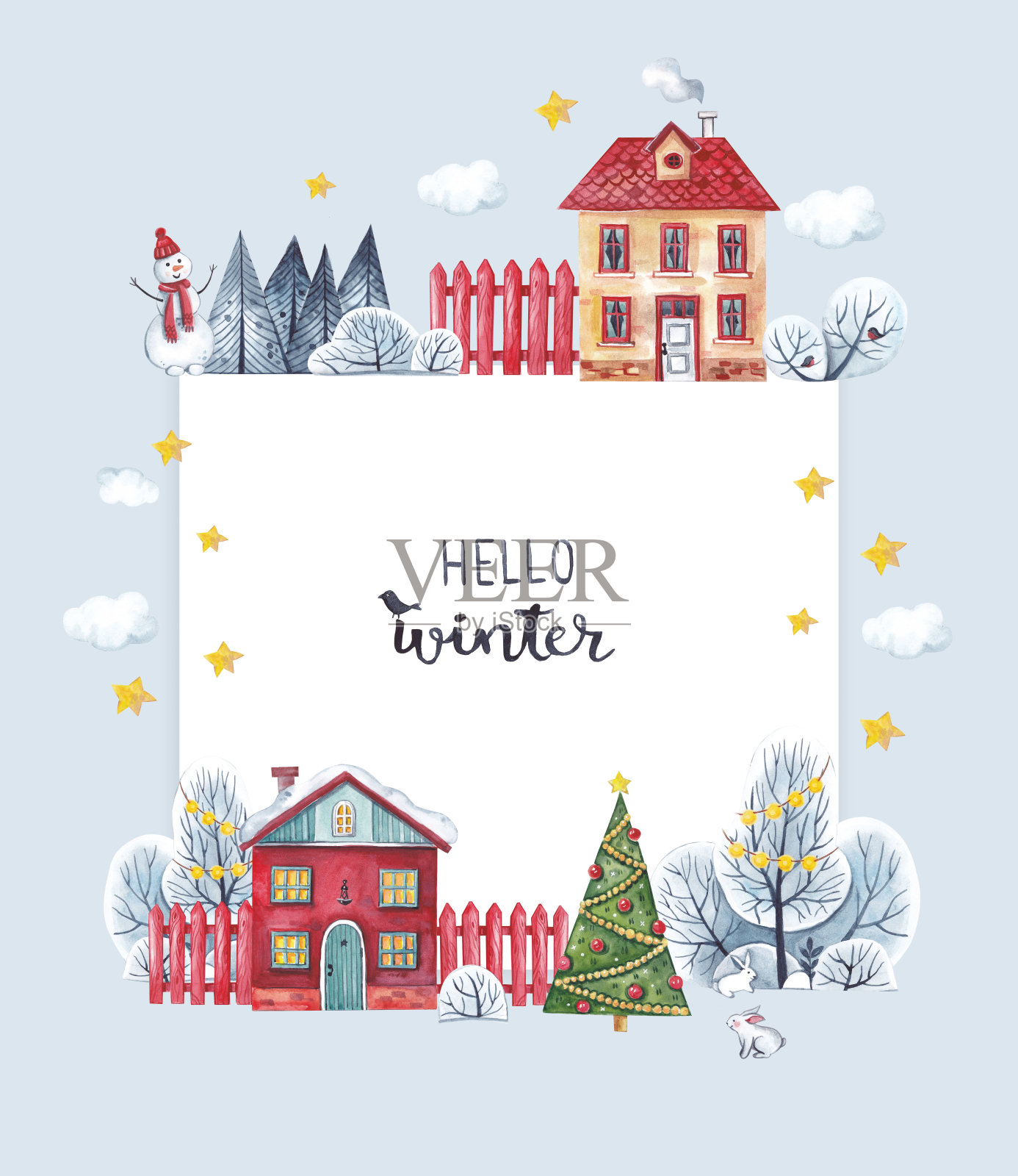 方形框架与房屋，以冬季森林为背景，以一棵优雅的圣诞树和一个雪人为灰色背景。水彩插图。插画图片素材