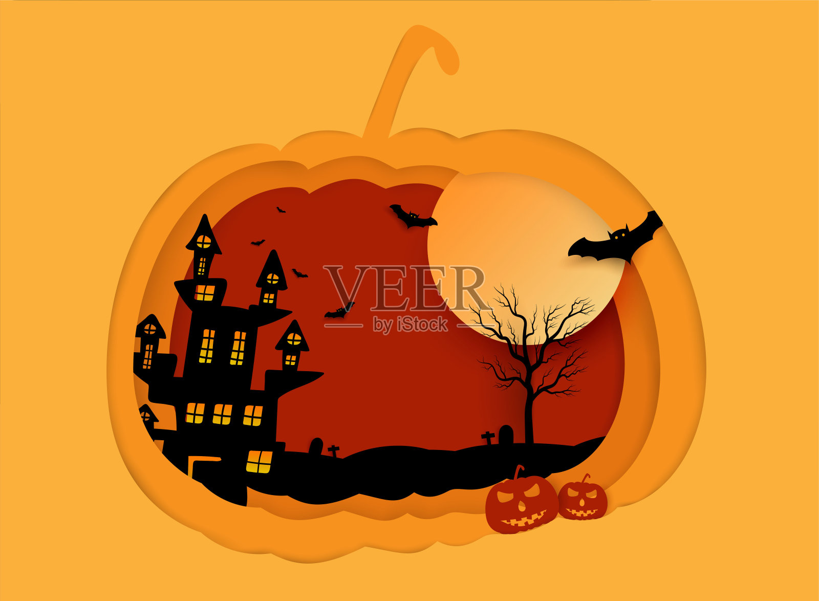 万圣节的背景向量用黑色的南瓜，月亮和蝙蝠剪影风格的日落橙色光设计模板素材