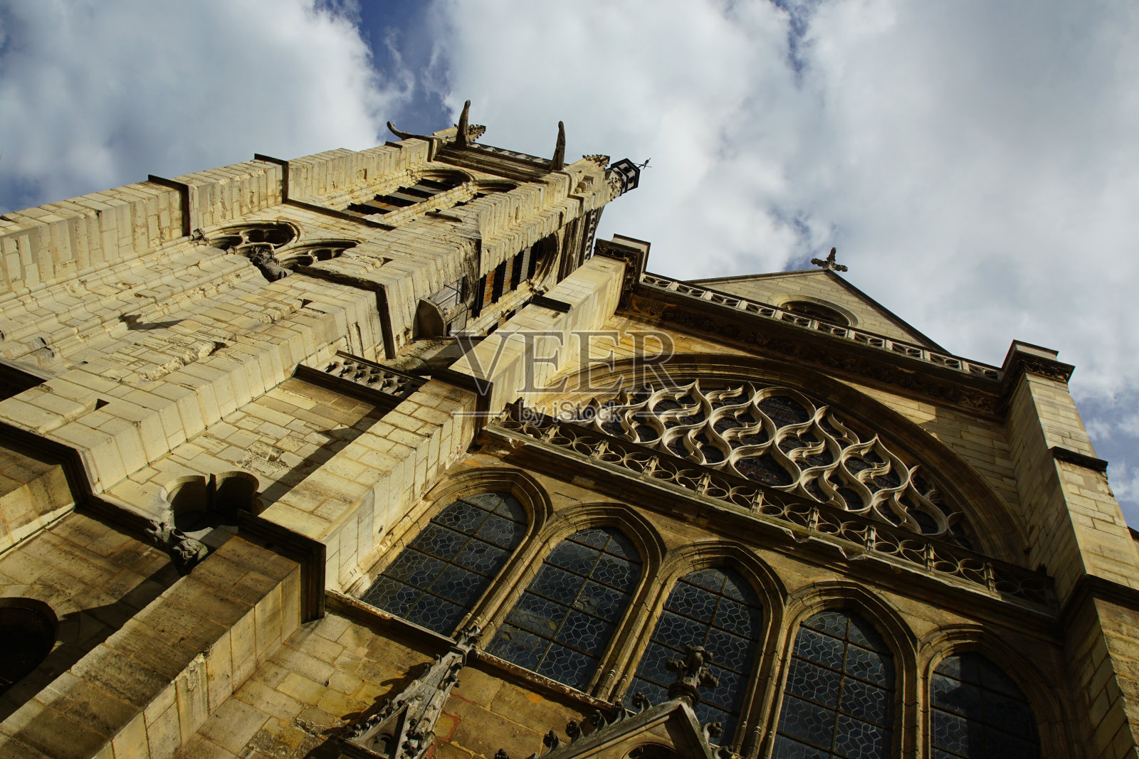 巴黎圣母院，美丽的玫瑰窗。照片摄影图片