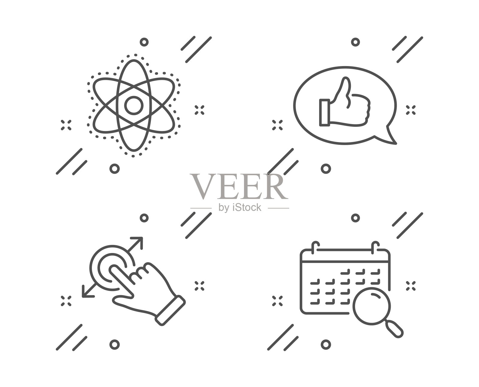 化学原子，触摸屏手势和反馈图标设置。搜索日历符号。向量图标素材