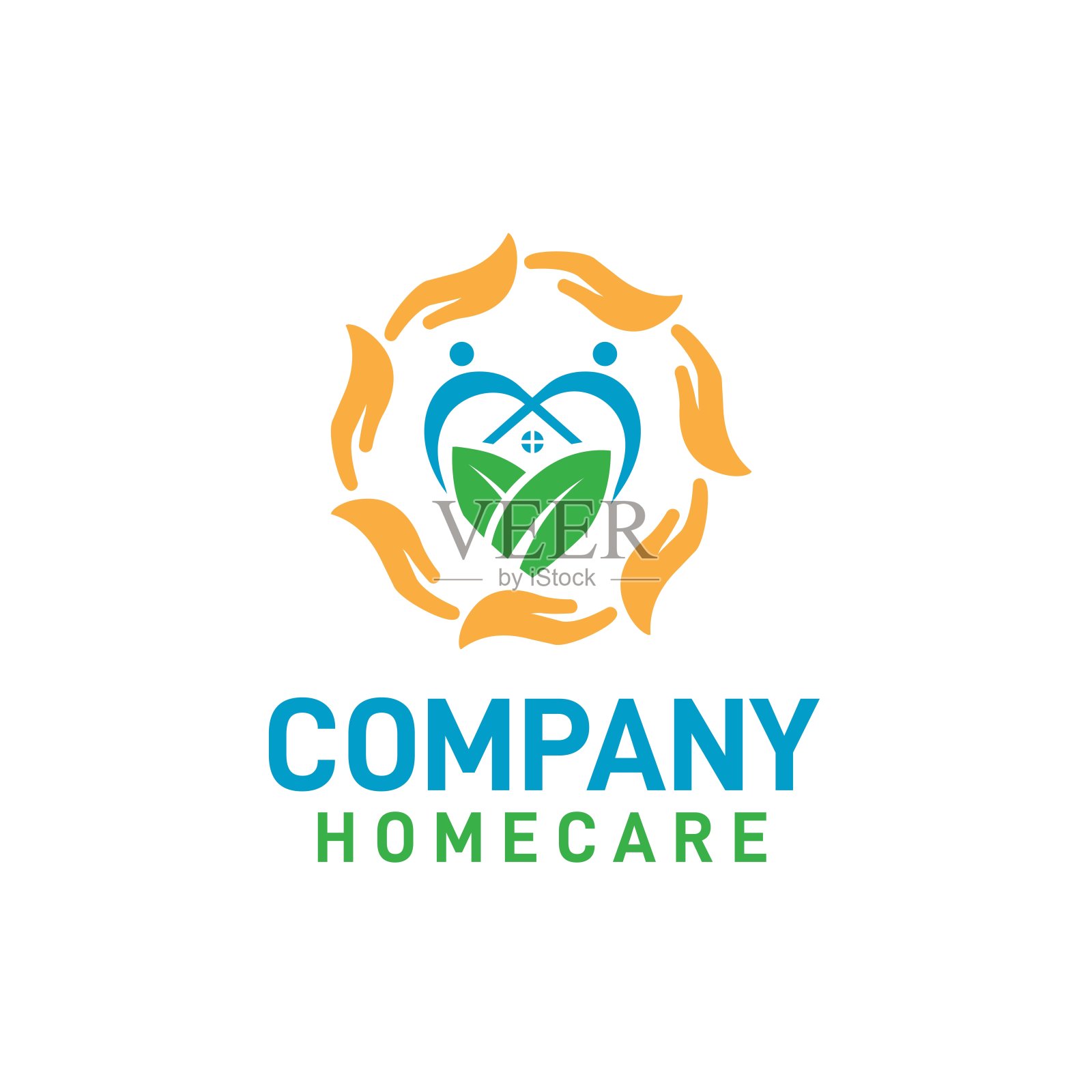 家居护理标志设计与手掌周围的心形由蓝色两个人交叉的手制成的房子和绿叶的形式插画图片素材