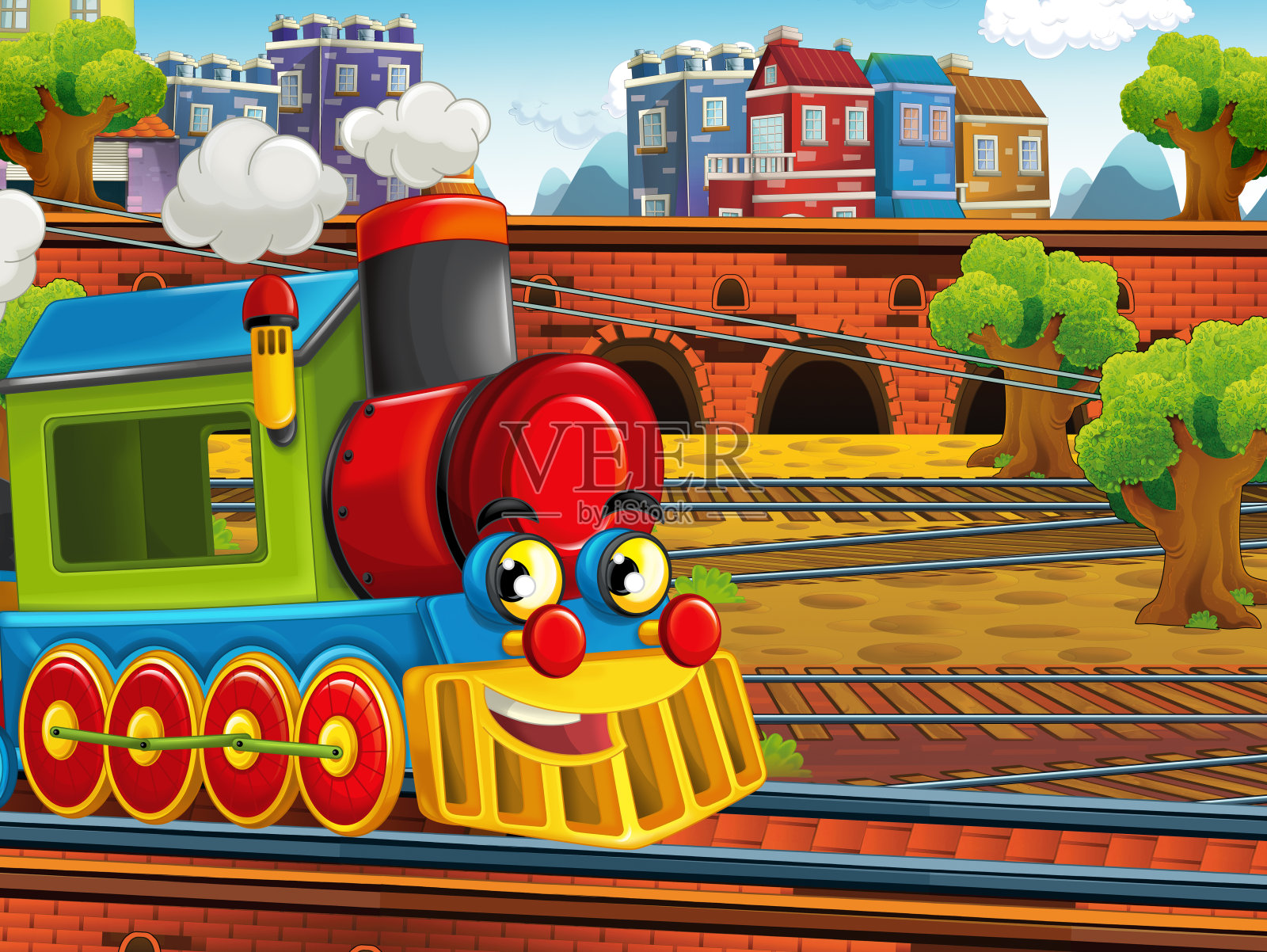 卡通蒸汽老式火车火车头——火车站插画图片素材