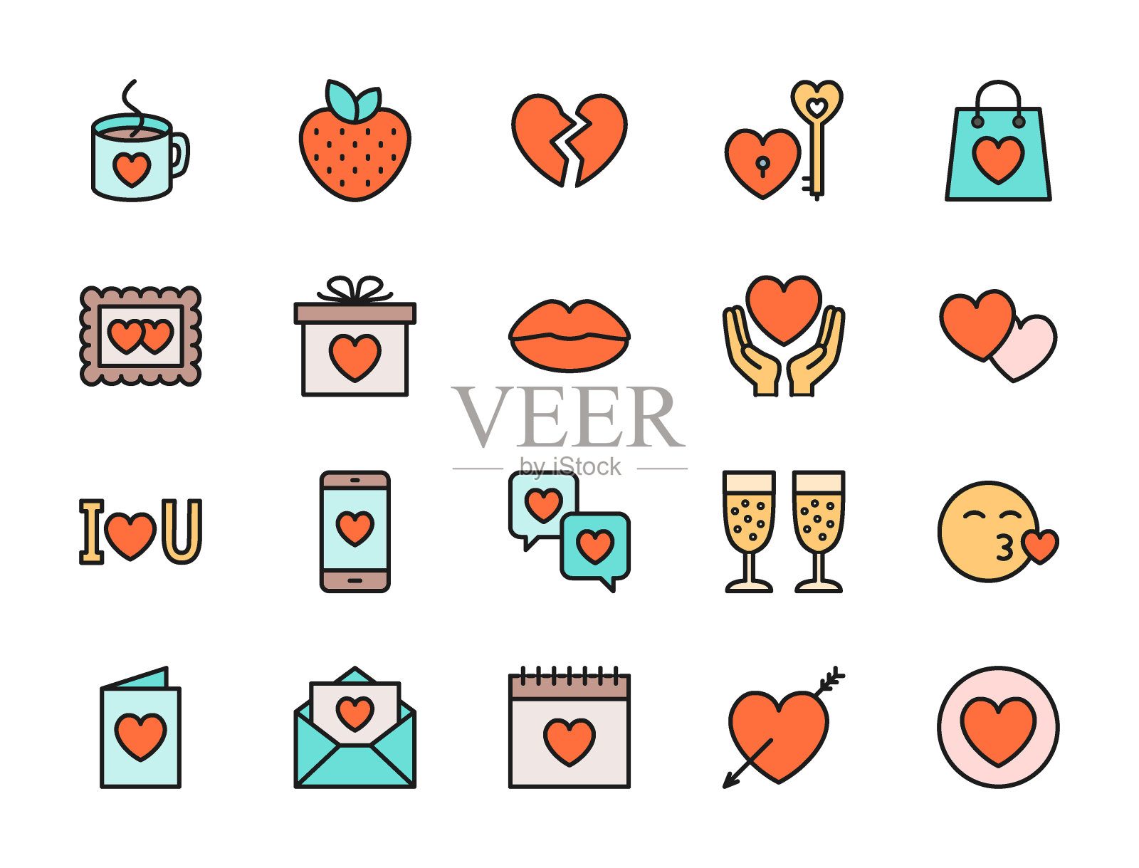 一套爱情和情人节平面彩色图标。爱心，礼物，信息，亲吻等等。插画图片素材