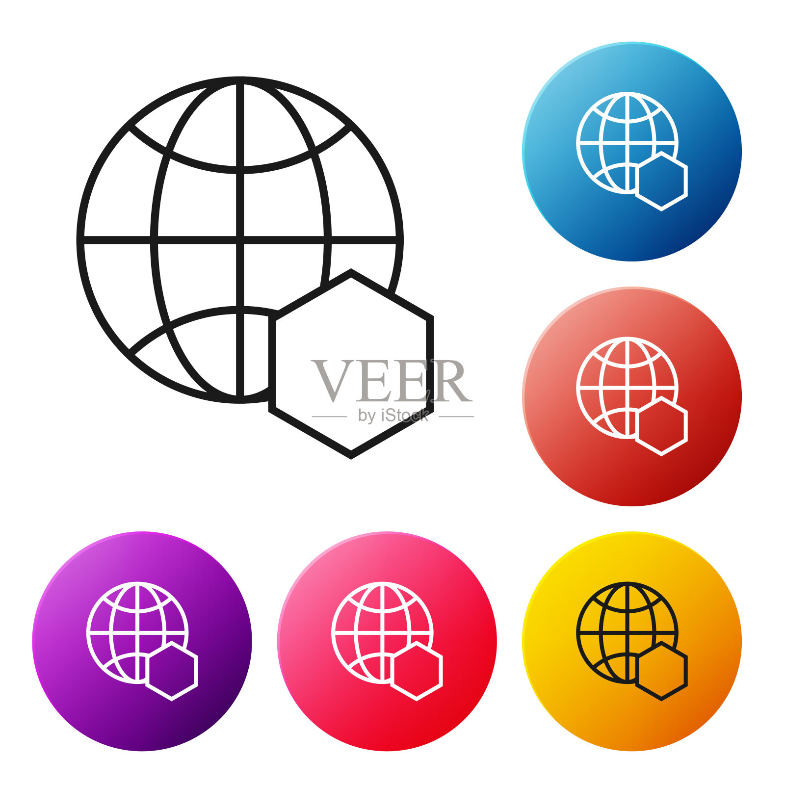 黑线蜂窝地图的世界图标孤立在白色背景上。世界蜜蜂日。概念生态事件。设置彩色圆形按钮图标。矢量图图标素材