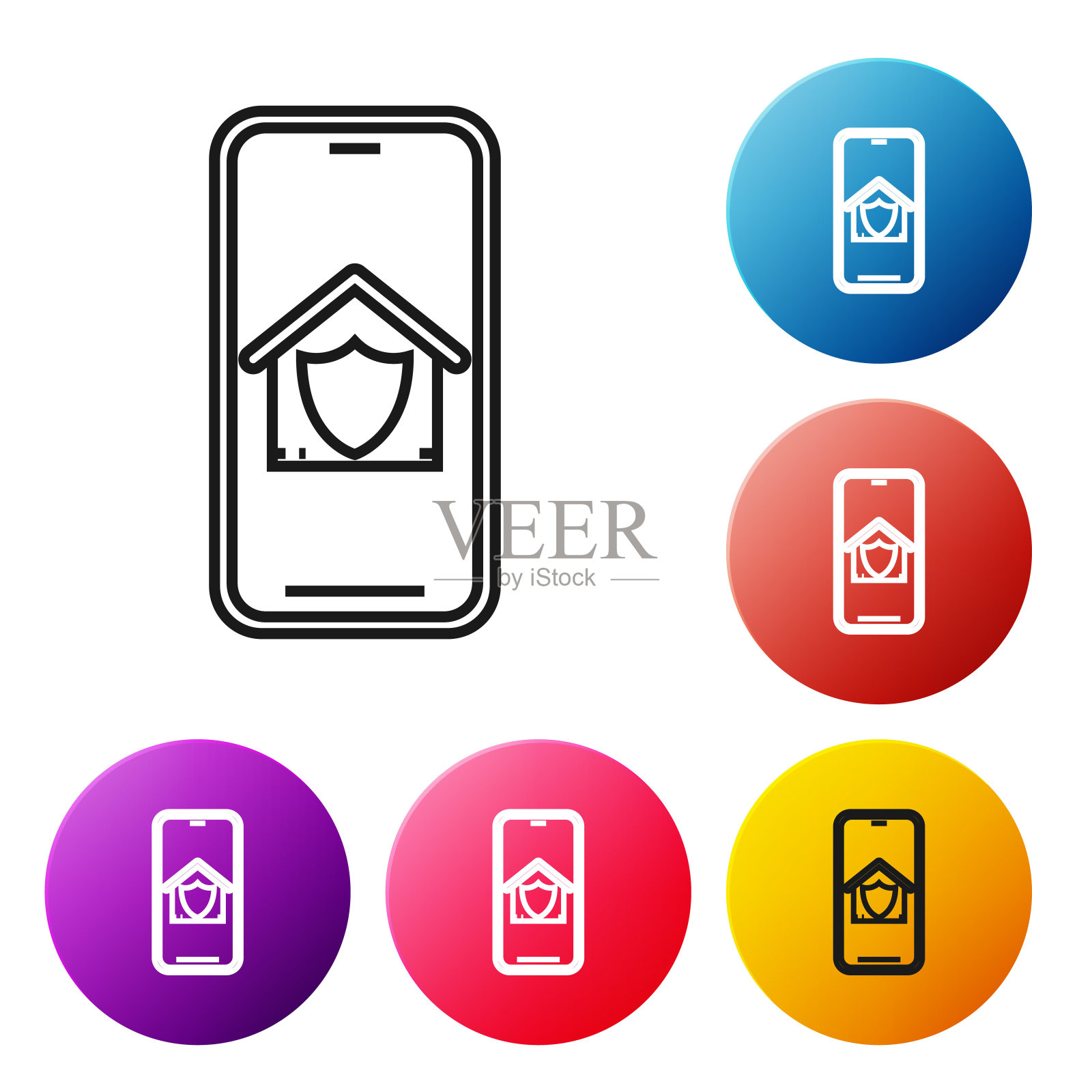 黑线手机与保护下的房子图标隔离在白色背景。保护、安全、保障、保护、防御的理念。设置彩色圆形按钮图标。矢量图图标素材