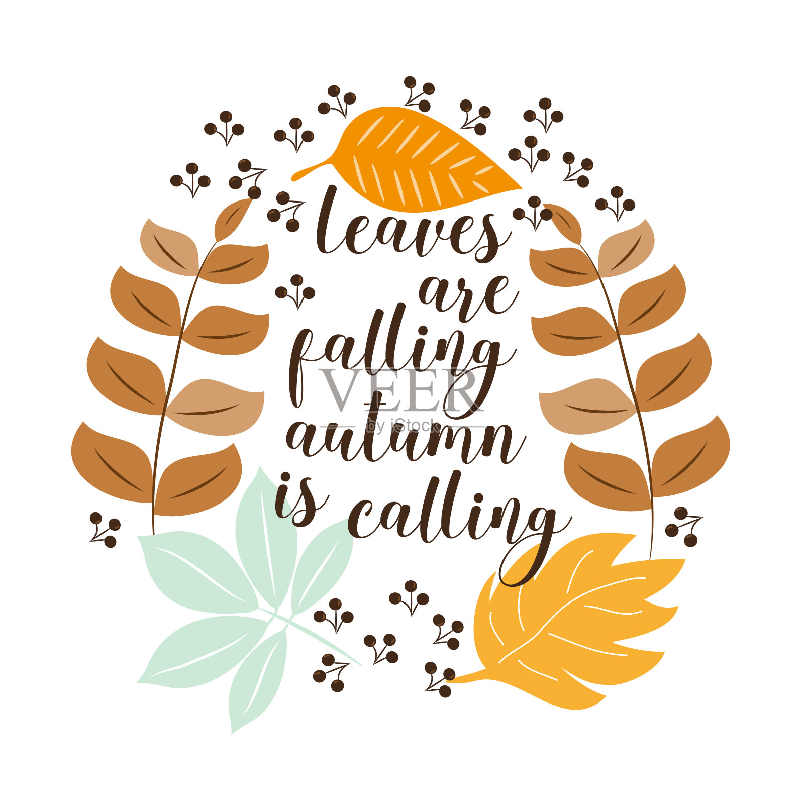 32、叶落是秋的呼唤，叶加花环是文字。插画图片素材