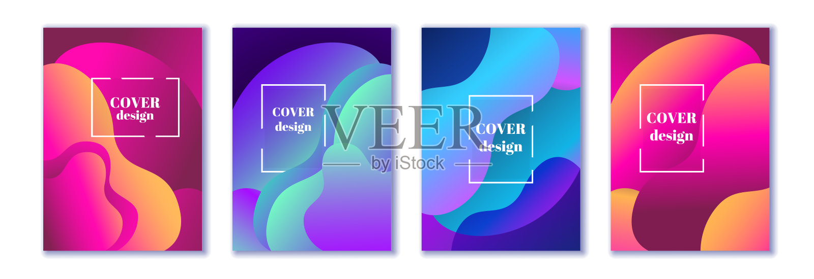 抽象时尚的流体波浪霓虹背景设置。红色，青色，蓝色，橙色，深色。现代3 d风格。适用于封面、宣传册、宣传单、邀请函模板设计。向量插图,Eps10。设计模板素材