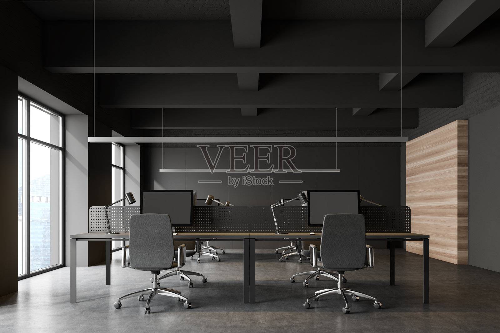 灰色和木材开放空间的办公室内部照片摄影图片