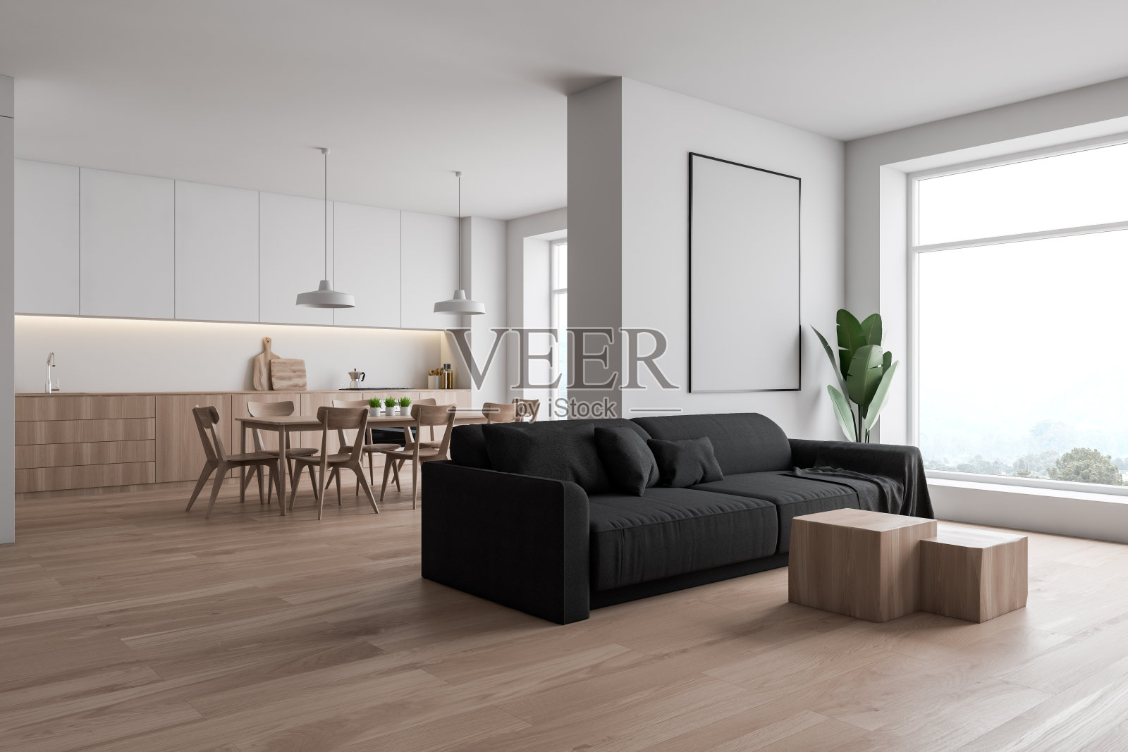 白色的客厅和厨房角落照片摄影图片