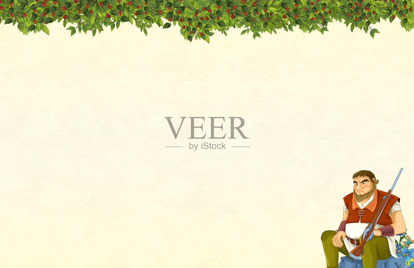 卡通场景与花卉框架和猎人或农民-标题页与文本空间插画图片素材