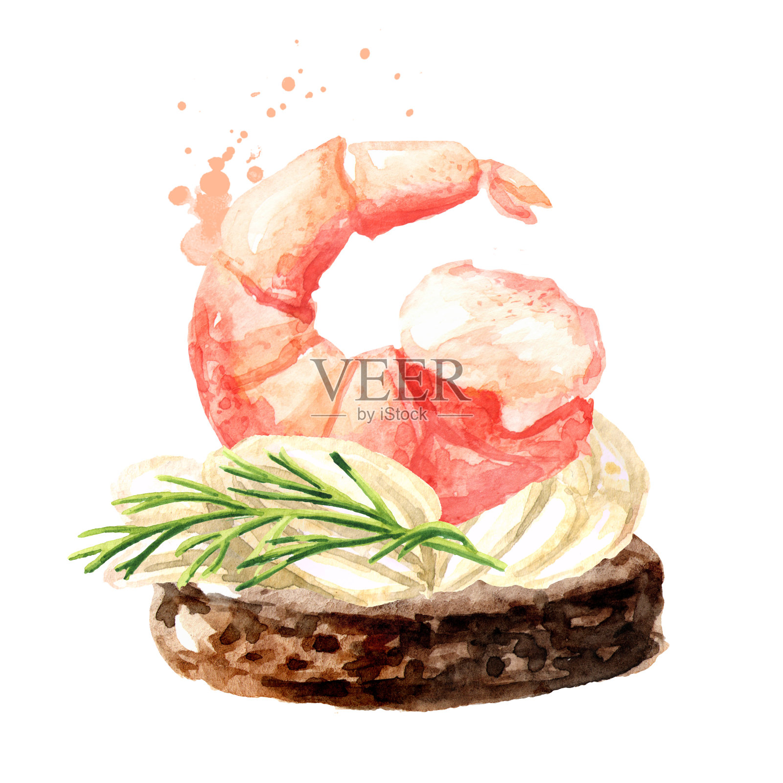 节日餐桌上的开胃菜。奶油虾小点心。水彩手绘插图孤立的白色背景插画图片素材