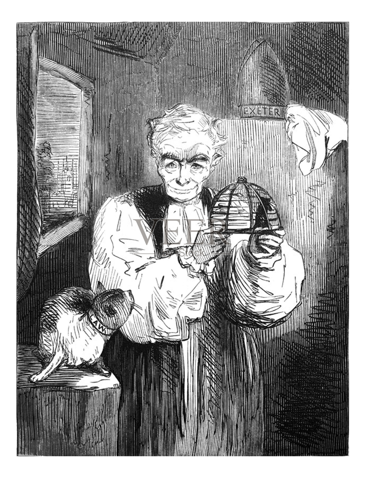 英国讽刺漫画漫画漫画插图-教会牧师持有一只老鼠前面的猫与一个领子说法律插画图片素材