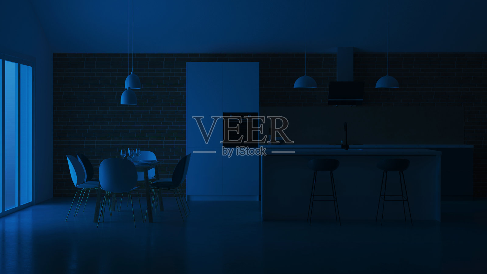 私人住宅厨房的内部。白灰色斯堪的纳维亚风格的厨房。的夜晚。晚上照明。3 d渲染。照片摄影图片