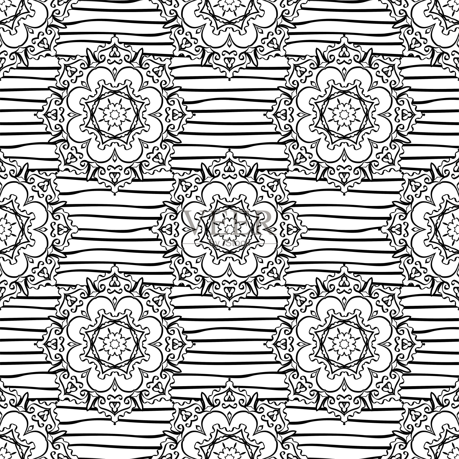 曼荼罗无缝图案与花卉装饰和条纹。插画图片素材