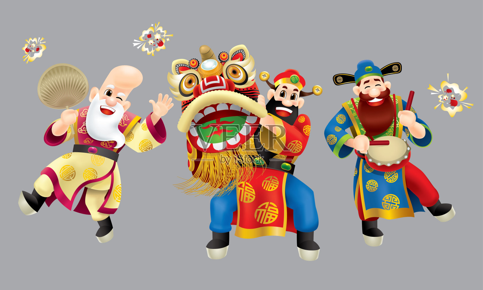 三位可爱的中国神(代表长寿、富有和事业)表演传统的中国舞狮。插画图片素材