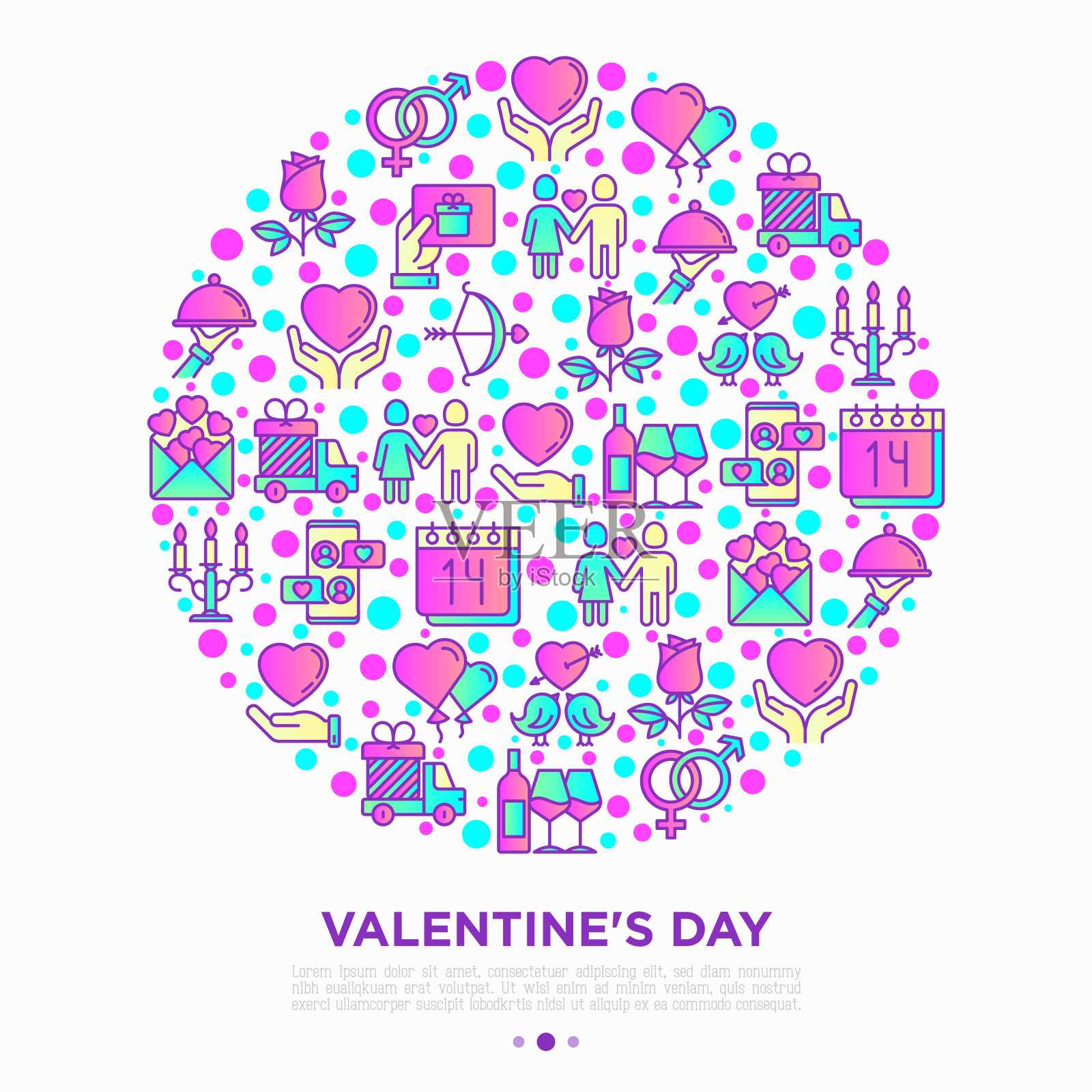 情人节概念用细线圈出象征:相爱的情侣，浪漫的夜晚，丘比特的弓，气球，信封，礼品卡，蜡烛，爱的信息，礼物递送。现代向量插图。设计模板素材