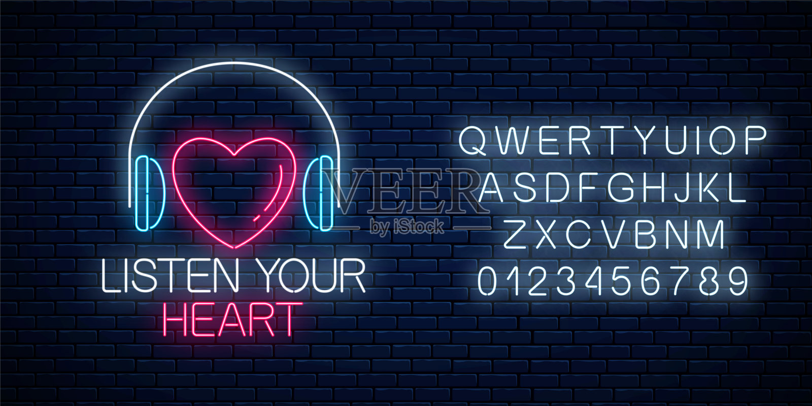 带耳机的发光霓虹灯，心形的，用字母听你的心口号。调用监听符号插画图片素材