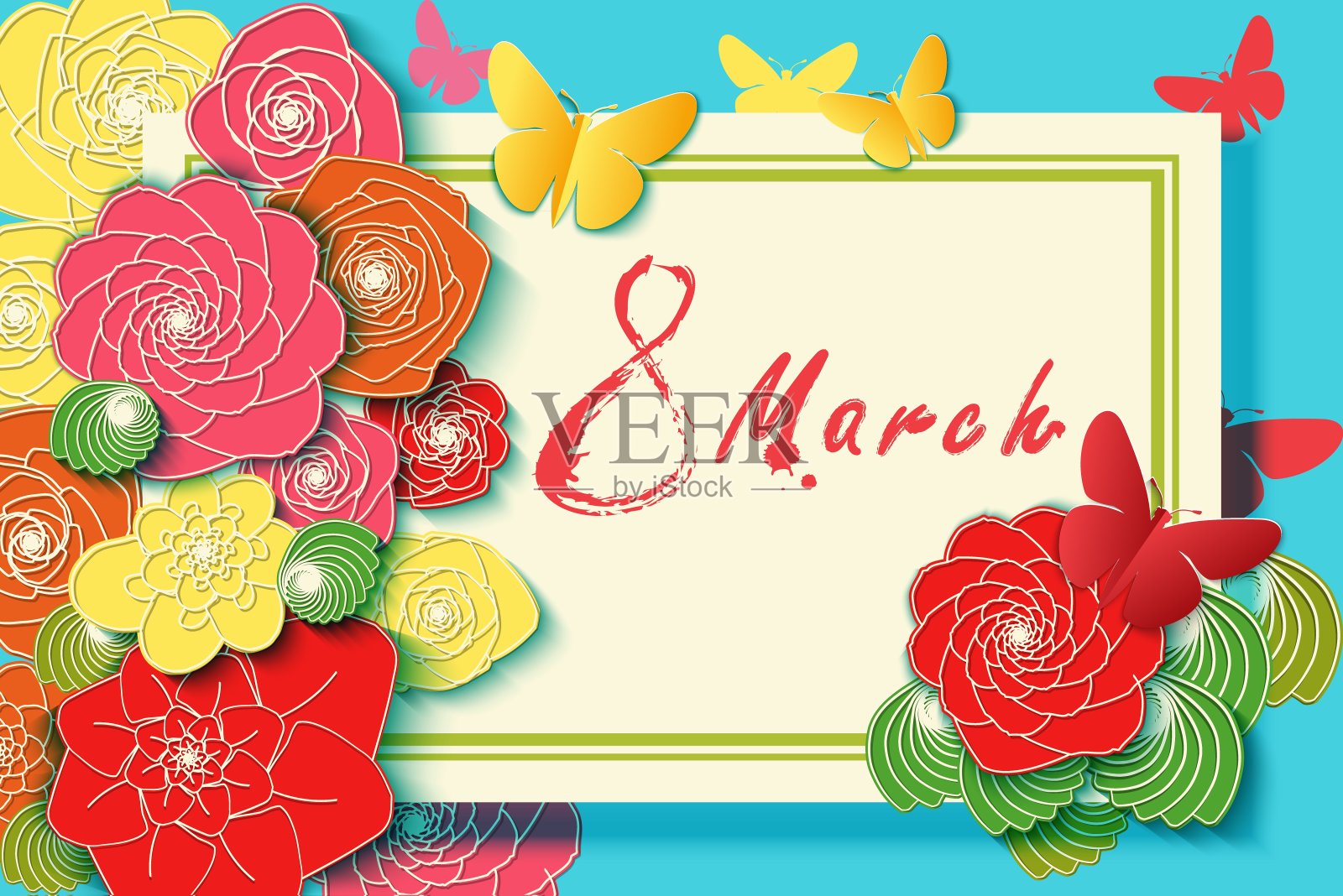 国际妇女节的背景。3月8日的宣传单上装饰着春天的植物、树叶和花朵。邀请与题字水彩画。设计模板素材