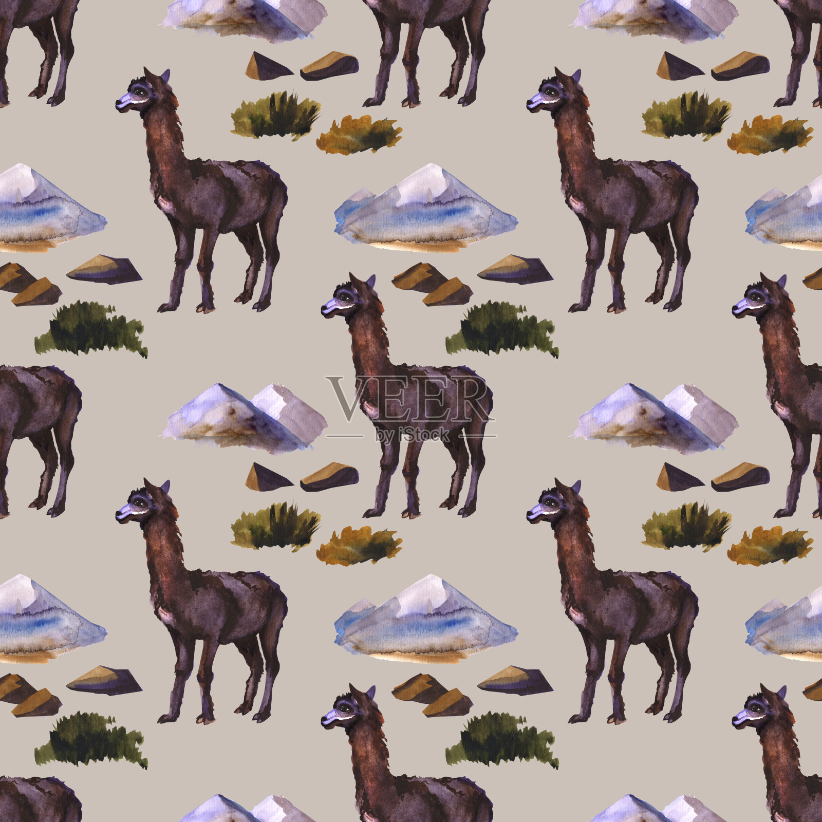 水彩羊驼野生羊驼无缝图案。喇嘛是南美的象征。可爱快乐的羊驼手绘插画创意绘画背景插画图片素材