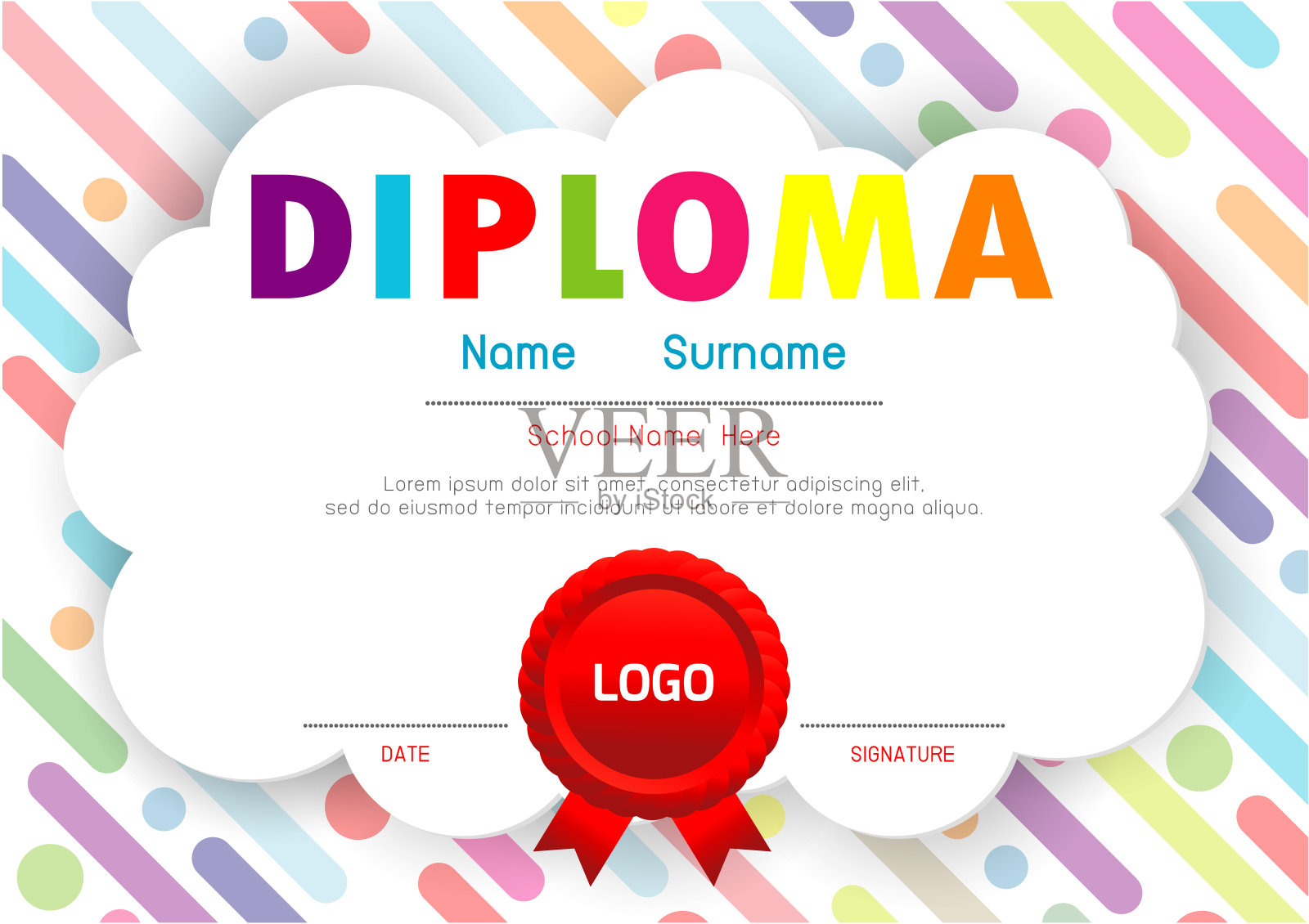 幼儿文凭证书、幼儿园模板布局空间背景框架设计矢量。学前儿童文凭，儿童文凭证书，学前教育理念。矢量图设计模板素材