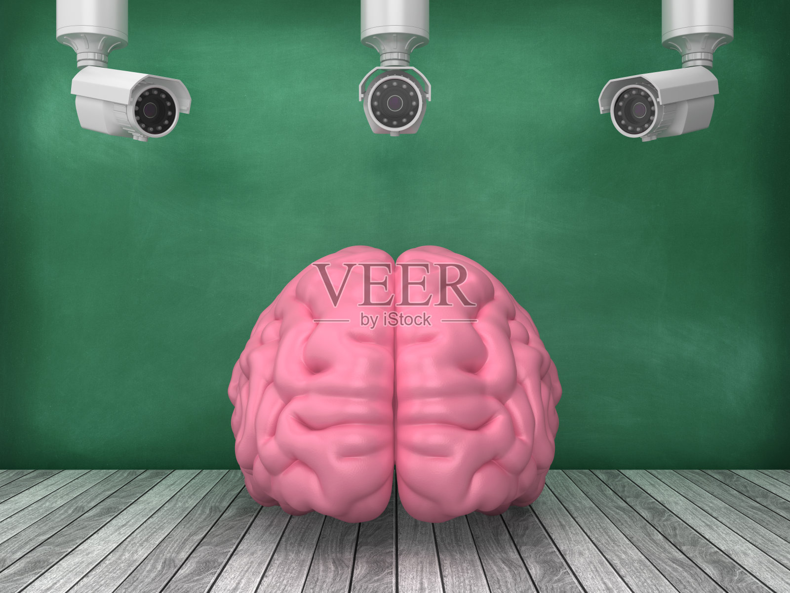 人类大脑与摄像机安全在黑板背景- 3D渲染照片摄影图片