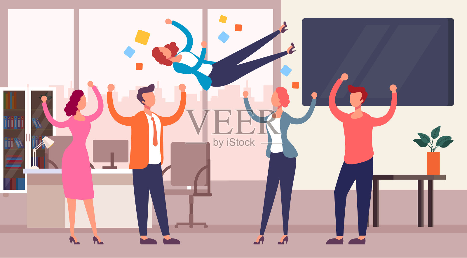 成功的团队将同事抛向赢家。商业成功的概念。矢量平面卡通图形设计孤立插图插画图片素材