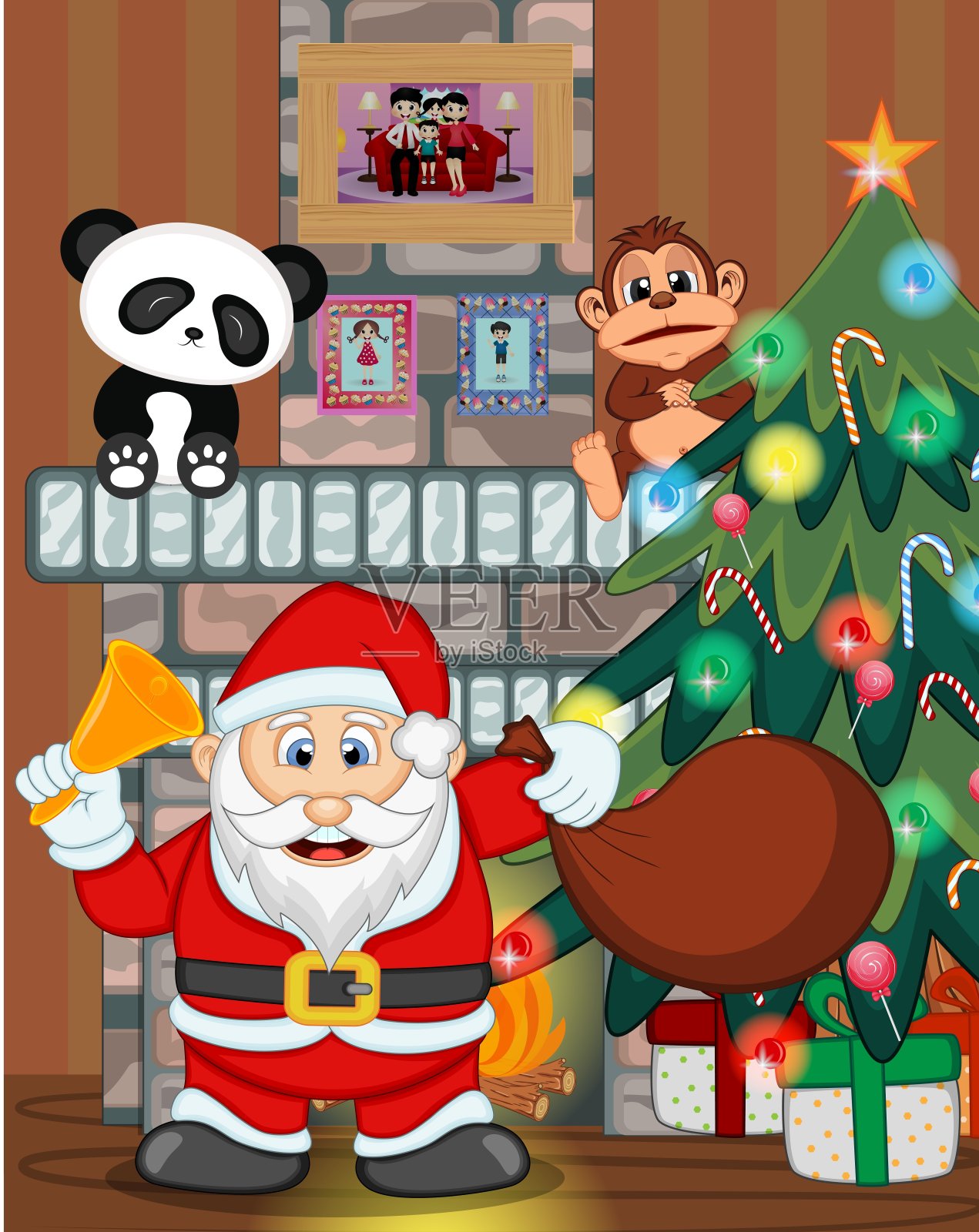 圣诞老人与圣诞树和火的地方矢量插图插画图片素材