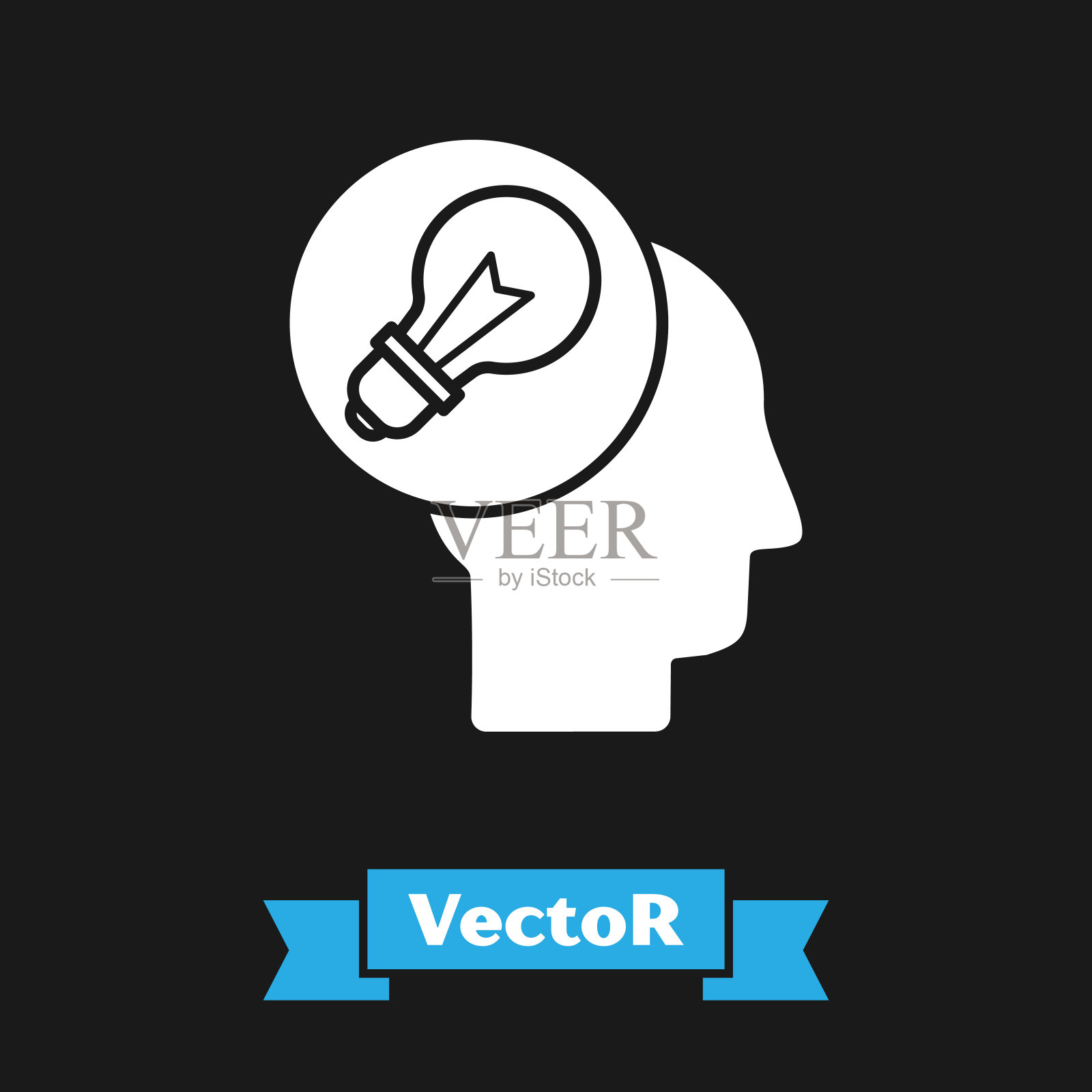 白色人的头与灯泡图标孤立在黑色背景。矢量图插画图片素材