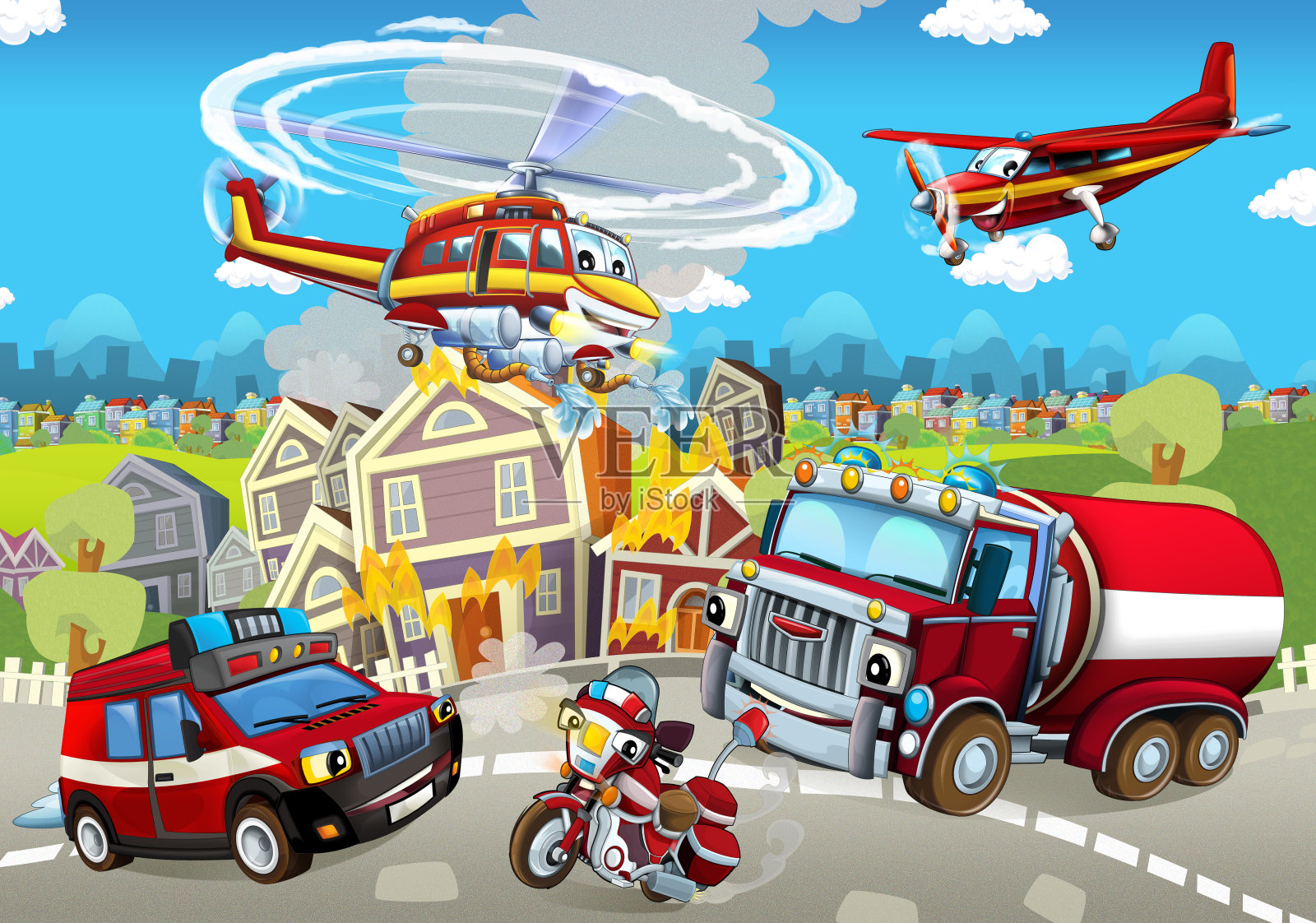 卡通舞台上配有不同的灭火机器，场面五彩缤纷，欢快无比插画图片素材