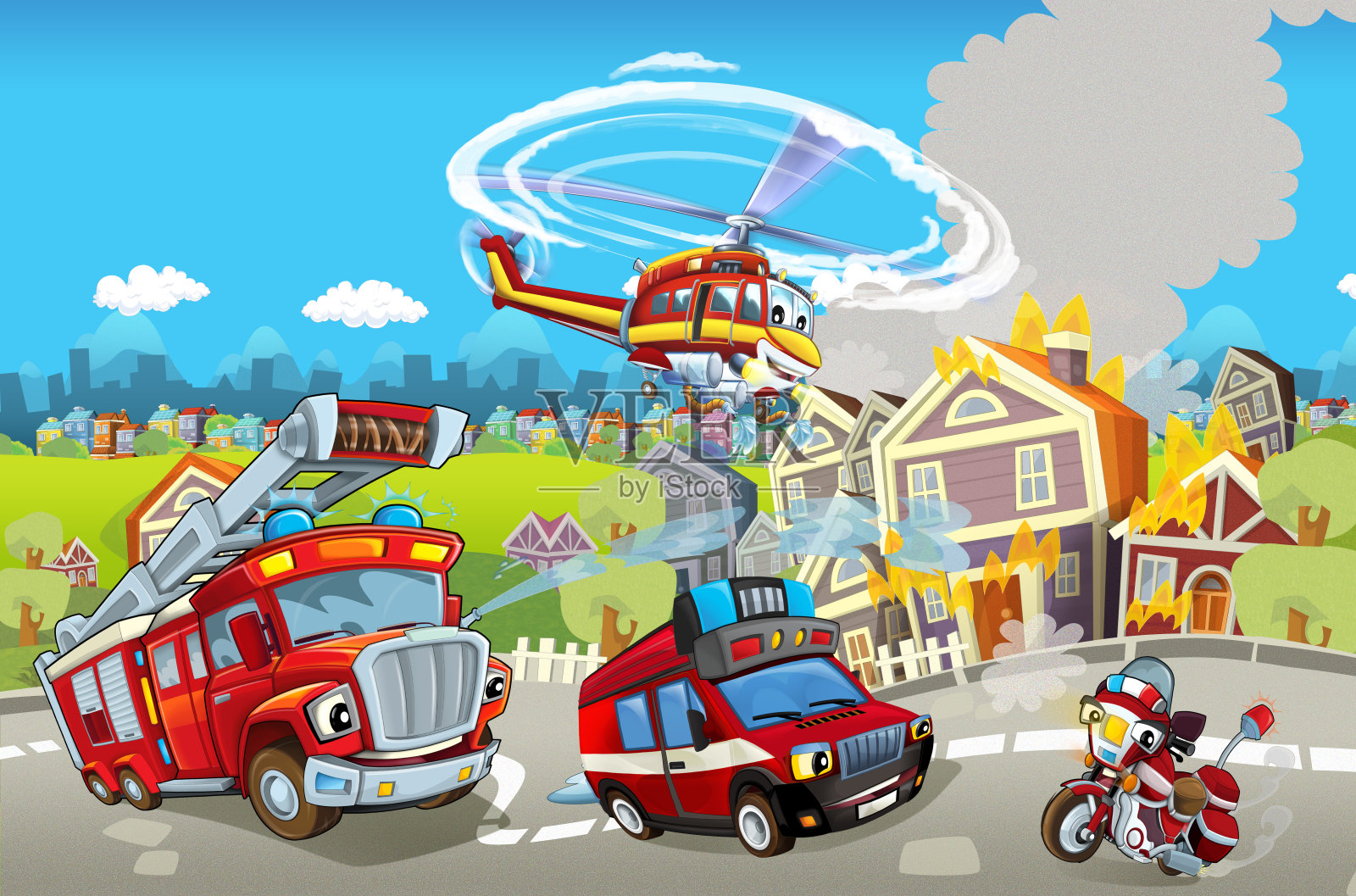 卡通舞台上配有不同的灭火机器，场面五彩缤纷，欢快无比插画图片素材