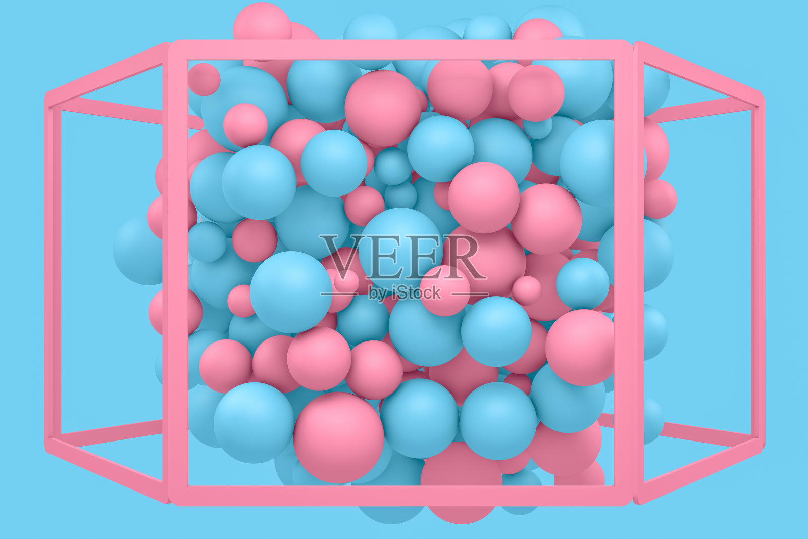 3D圆形框架与飞行的球在蓝色的背景照片摄影图片