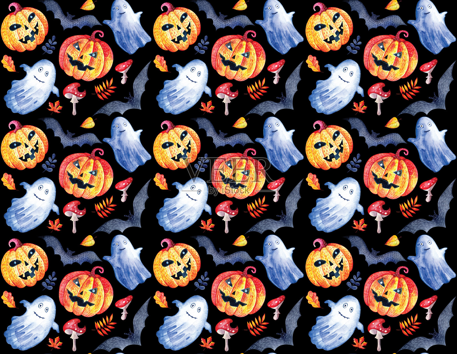 无缝背景有趣的幽灵，南瓜，蝙蝠万圣节在黑色水彩背景。装饰为秋假日。神秘、美妙、有趣的风格。明亮的包装背景插画图片素材