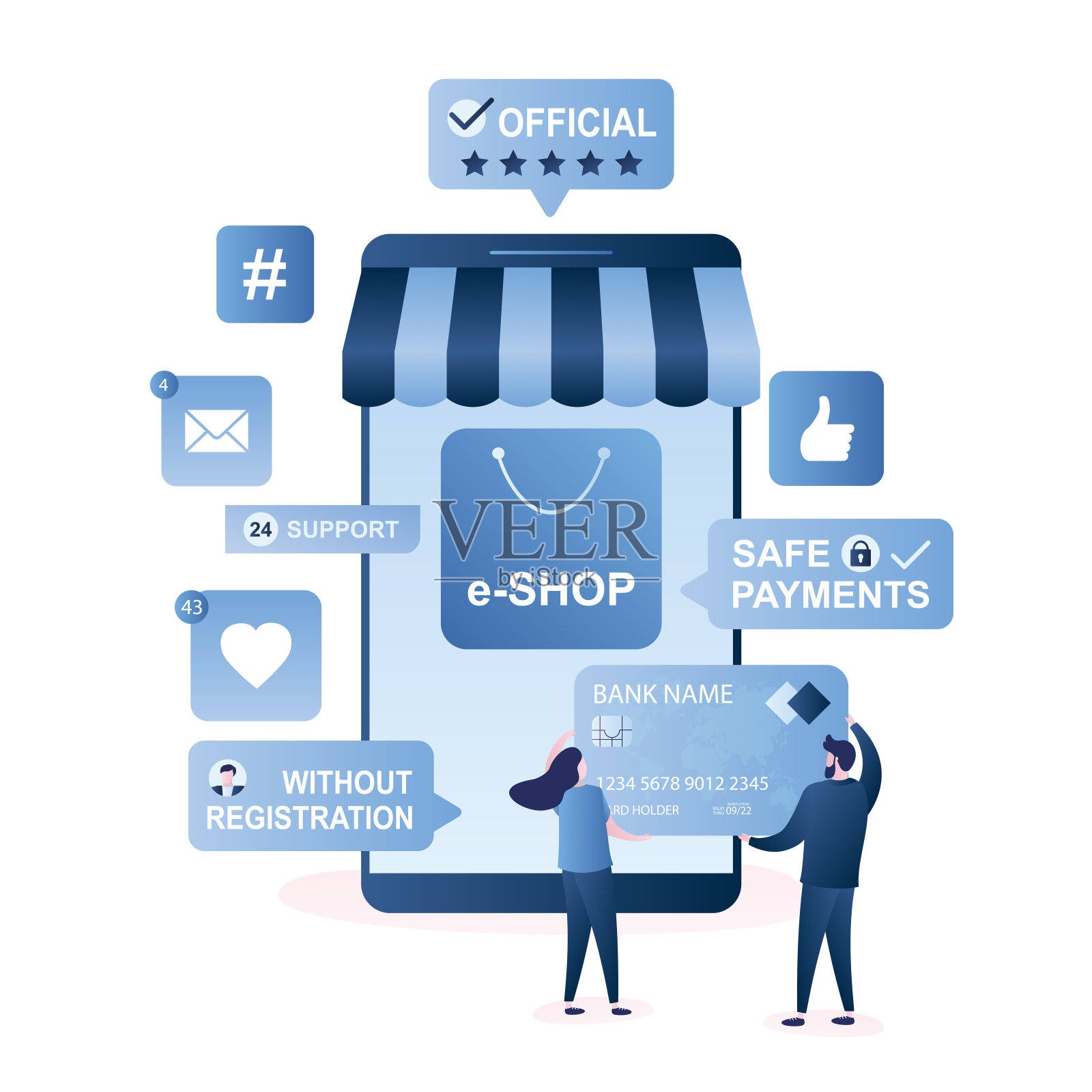 移动商店有各种标志和按钮，男女购物者用大信用卡，安全付款设计元素图片