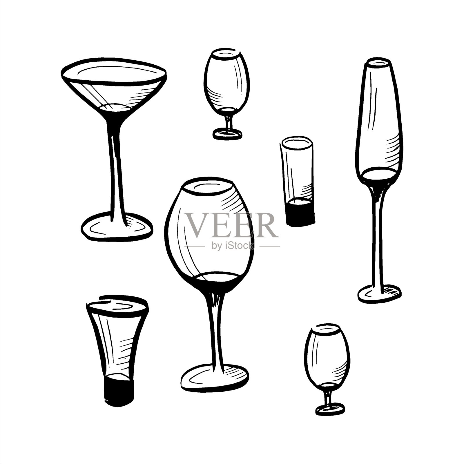 眼镜收藏。一套手绘的黑色酒杯为酒精饮料上的白色。矢量插图。插画图片素材